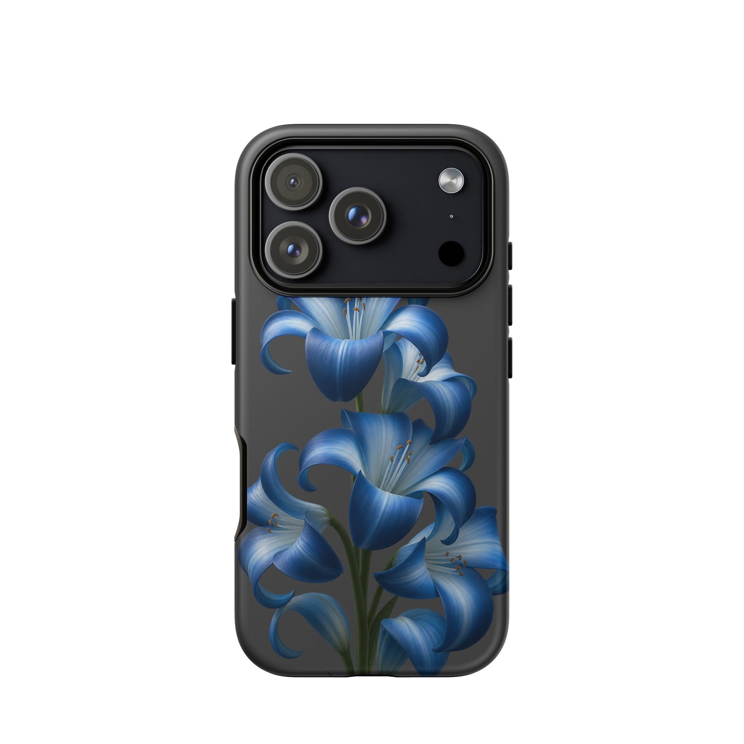 Phone Case for iPhone featuring blue lily bloom art on a dark backdrop, combines stylish design with a durable, tough finish.
