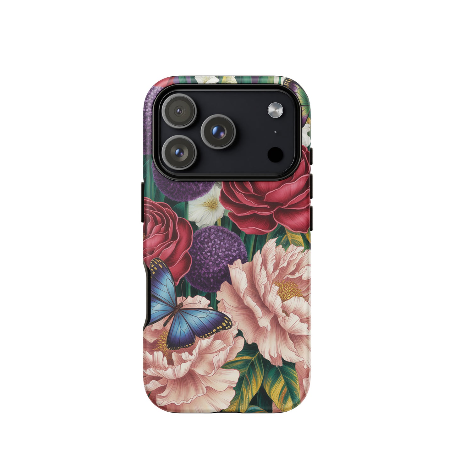 Phone Case for iPhone featuring botanical garden design with crimson roses, pink peonies, purple alliums, and blue butterflies.