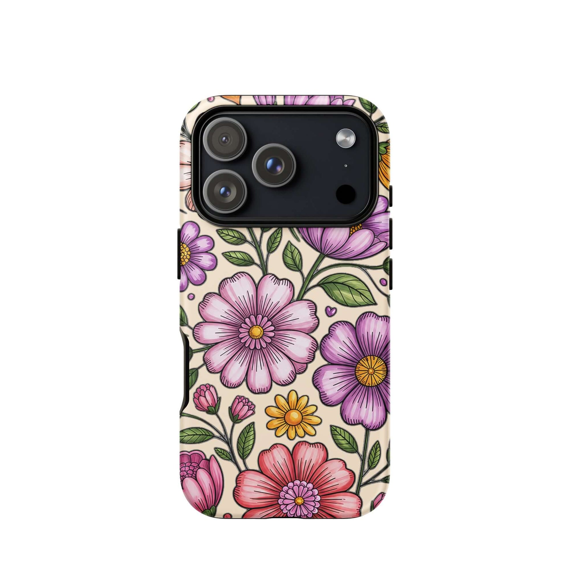 Phone Case for iPhone with pastel floral design, featuring pink, peach, lavender flowers on a protective shell.