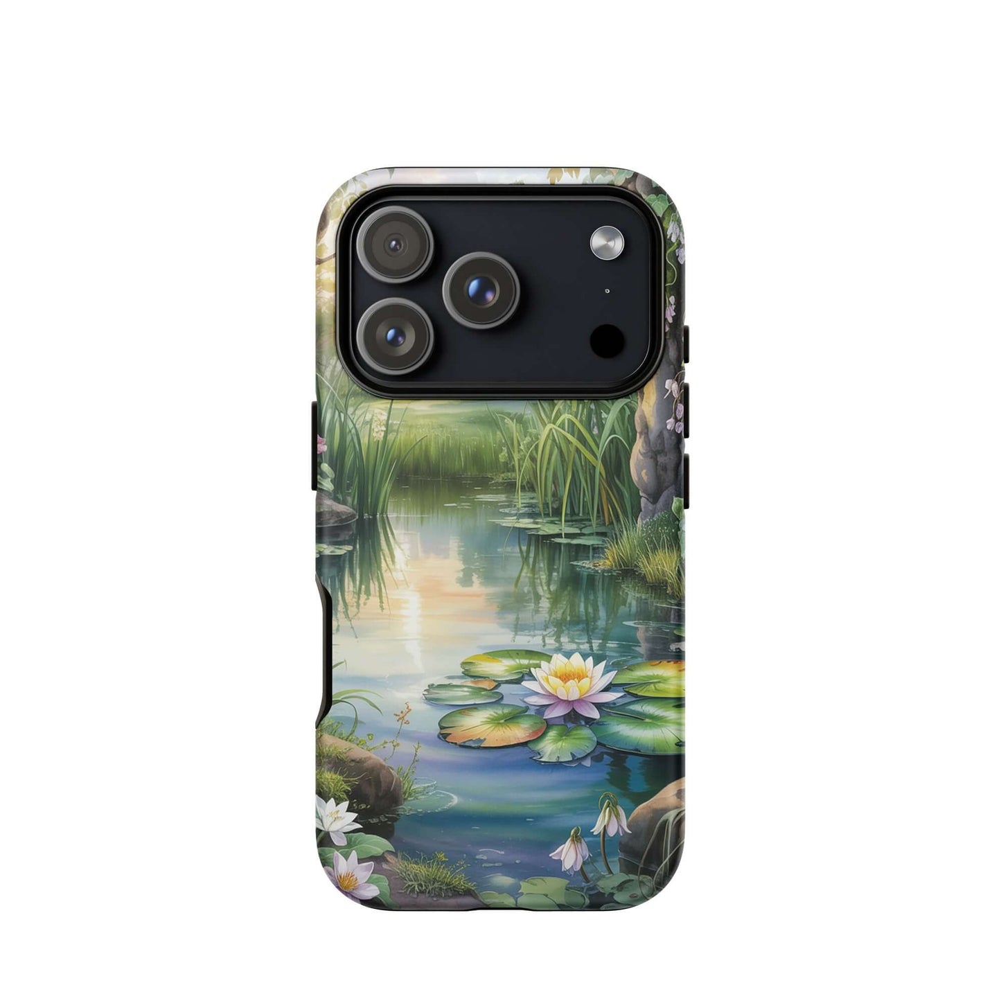 Phone Case for iPhone: Enchanted Pond featuring lily pond design with wildflowers and sunset reflections.