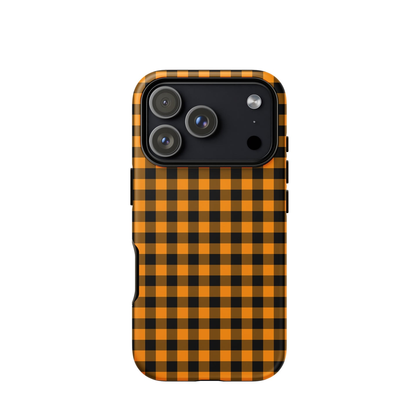 Phone case for iPhone with black-and-orange gingham autumn theme design, showcasing chic style and durability.
