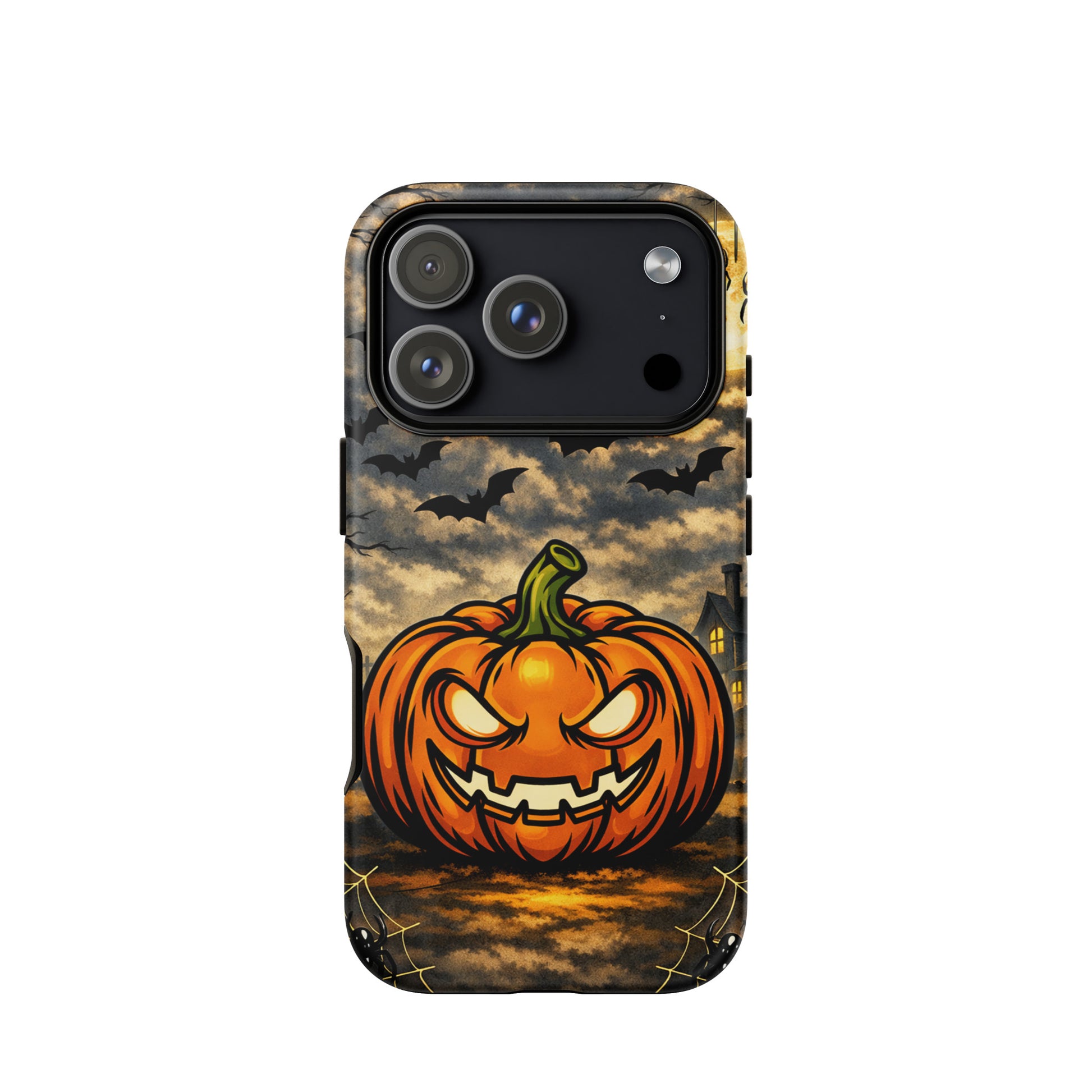 Phone Case for iPhone featuring a haunted pumpkin, swirling bats, and moonlit clouds in a Halloween scene.