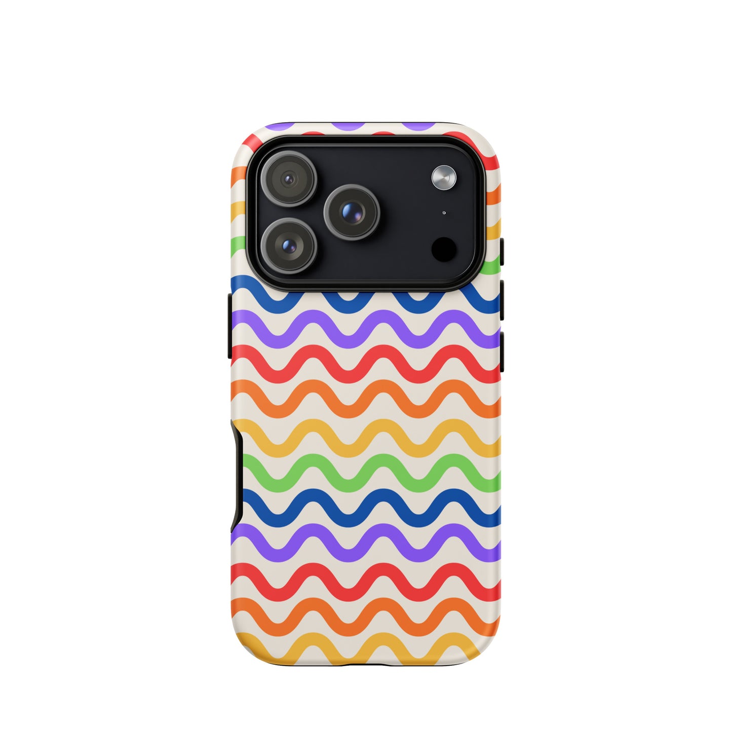 Phone Case for iPhone with wavy rainbow pattern, featuring purple, red, orange, yellow, green, and blue loops on a white background.