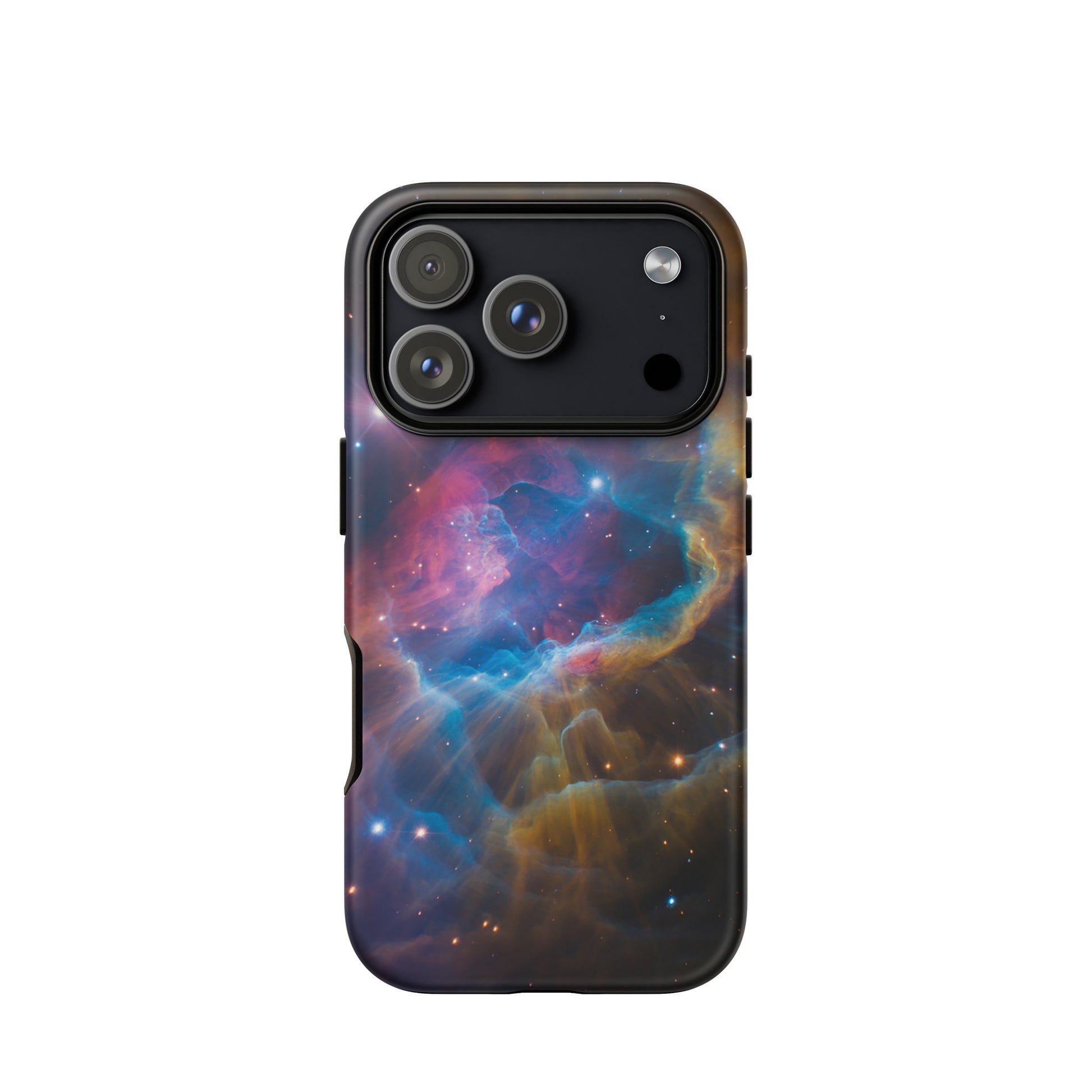 Phone Case for iPhone featuring Nebula Cosmic Dreamscape Starburst design with vibrant blues, oranges, and pinks.