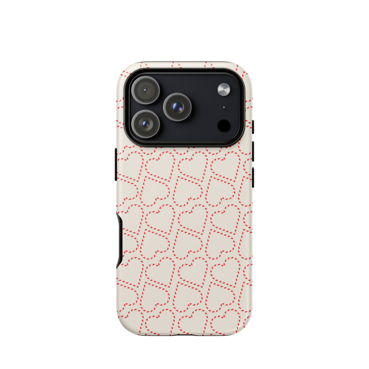 Phone Case for iPhone with holiday candy cane heart pattern, featuring festive red and white stripes for a cheerful winter design.