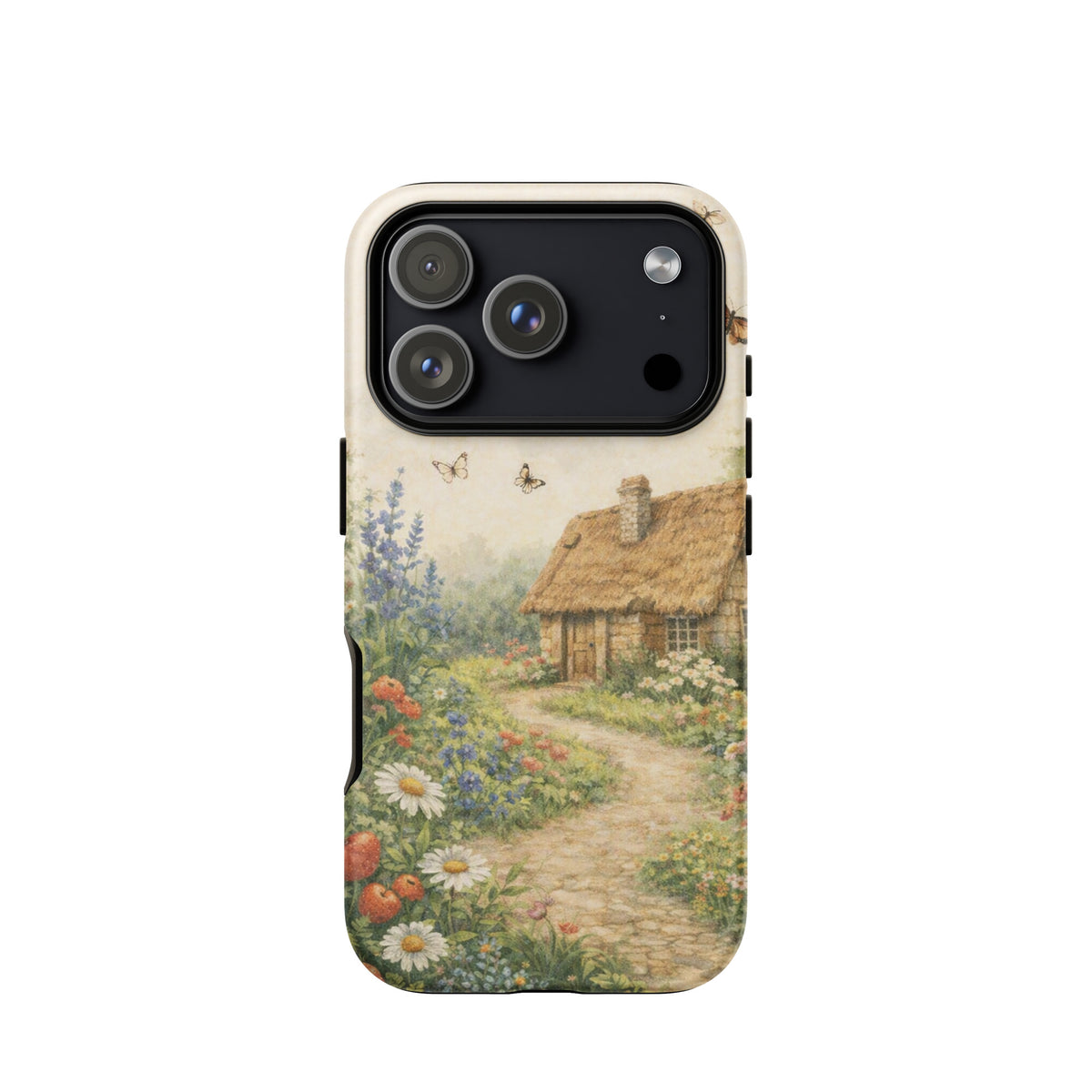 Phone Case featuring cottage garden art with thatched-roof cottage and floral path on cream background for iPhone.