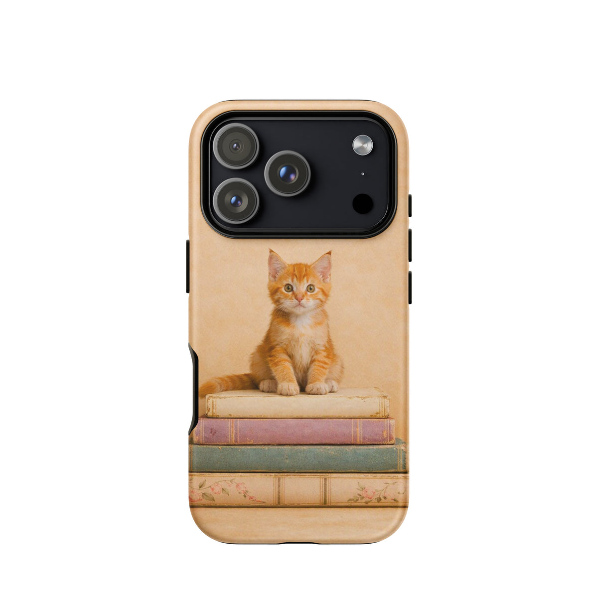 Phone Case for iPhone with orange kitten on vintage books design