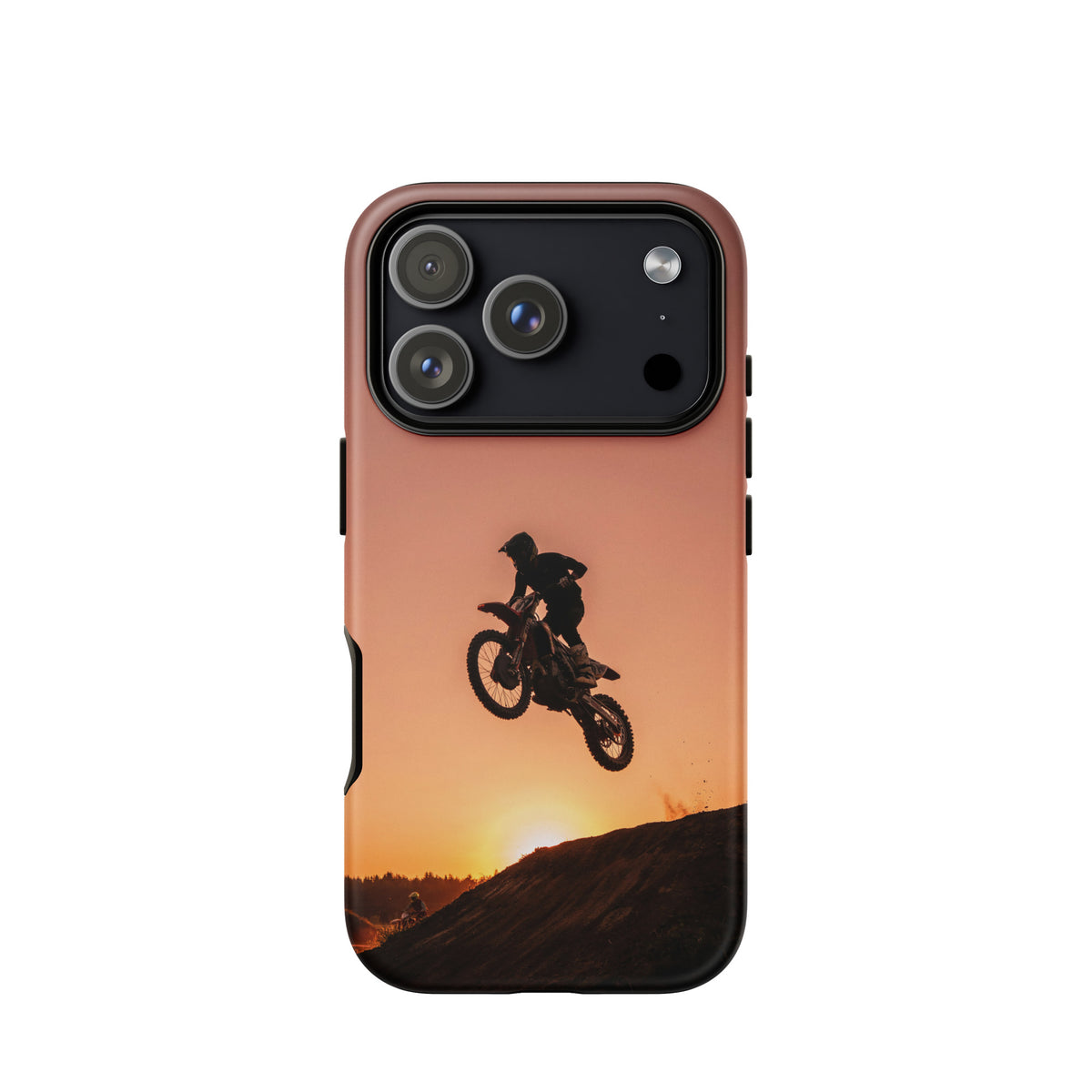 Phone Case for iPhone with motocross sunset dirt bike design, featuring silhouette of biker jumping against a glowing sunset background.