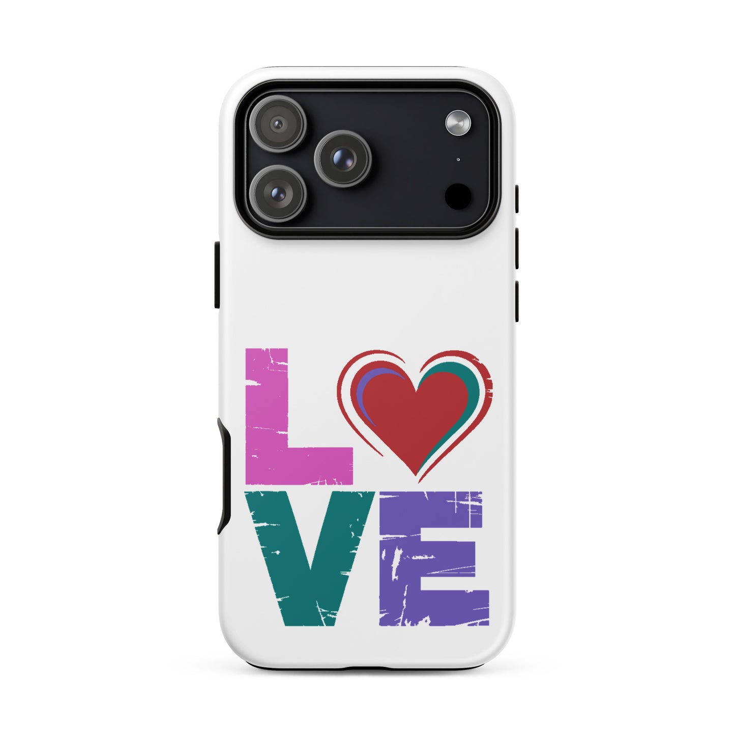 Love Tough Dual Layerd Case for iPhones featuring colorful 'LOVE' text and heart design.