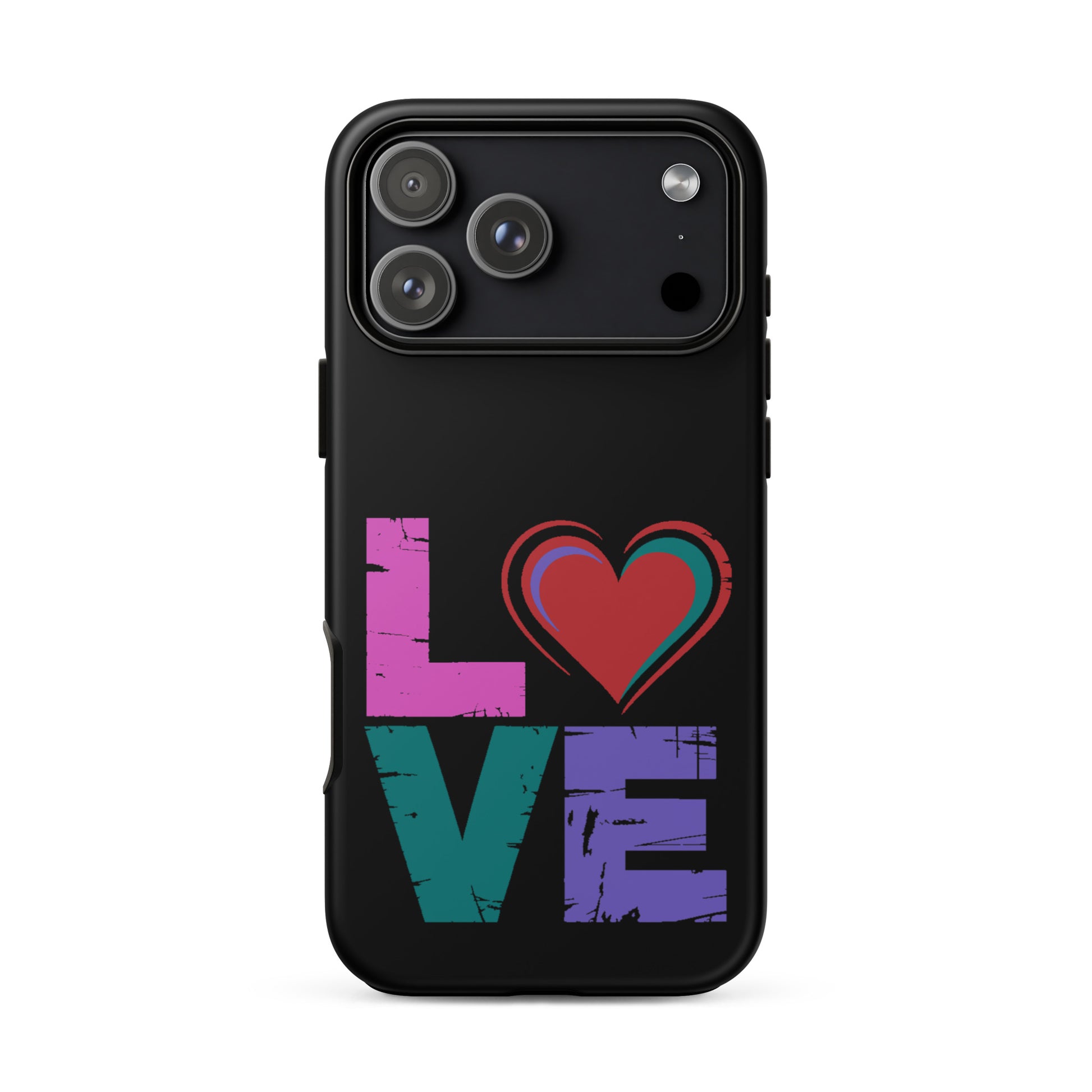 Love Tough Dual Layered Case for iPhones with colorful love design on a black background.