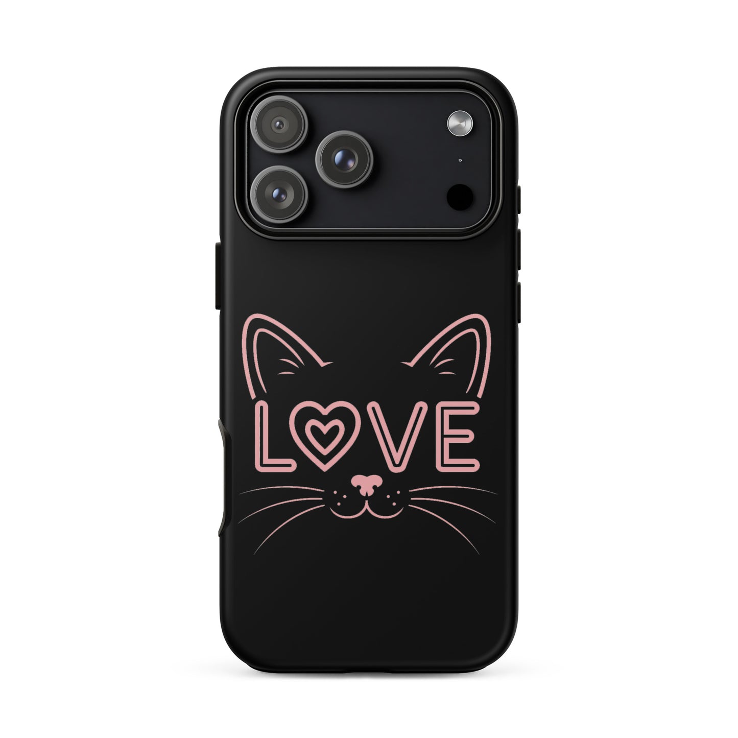 Cat Love phone case for iPhone featuring a minimalist cat face design with the word 'love' as an eye.