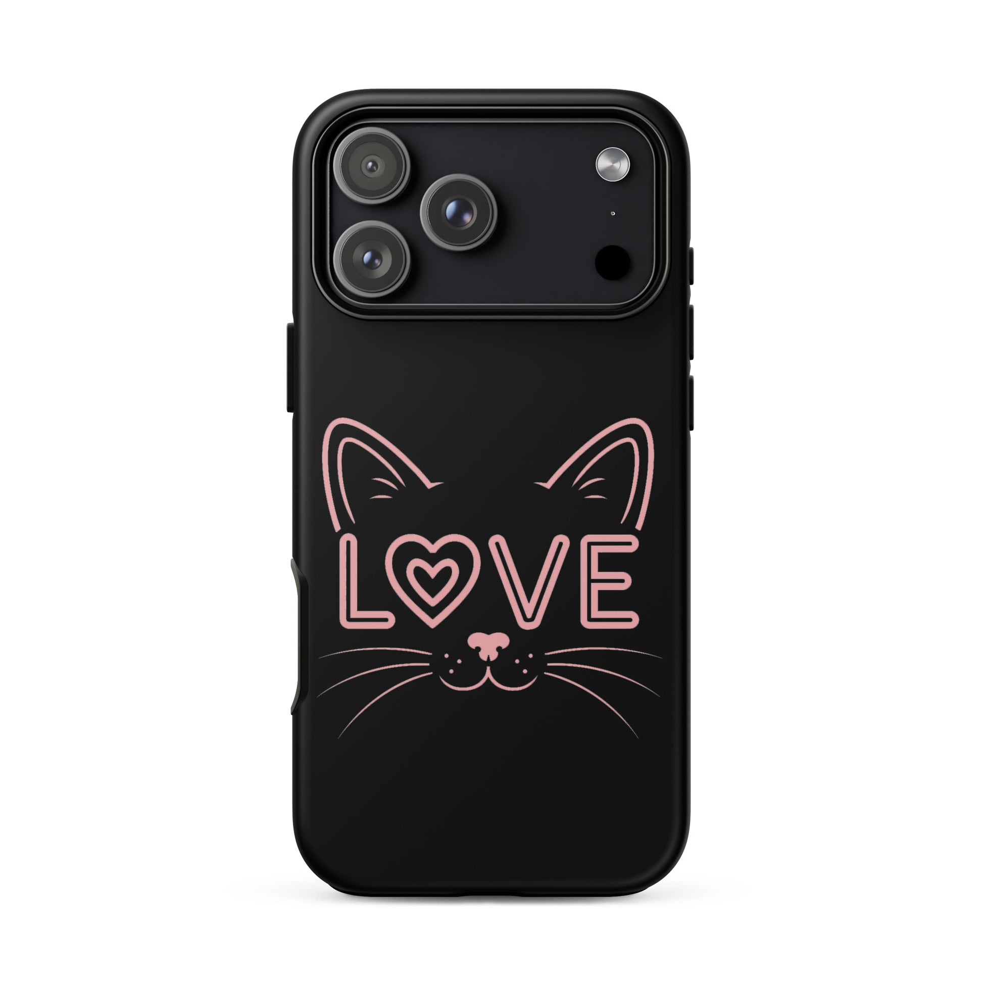 Cat Love phone case for iPhone featuring a minimalist cat face design with the word 'love' as an eye.