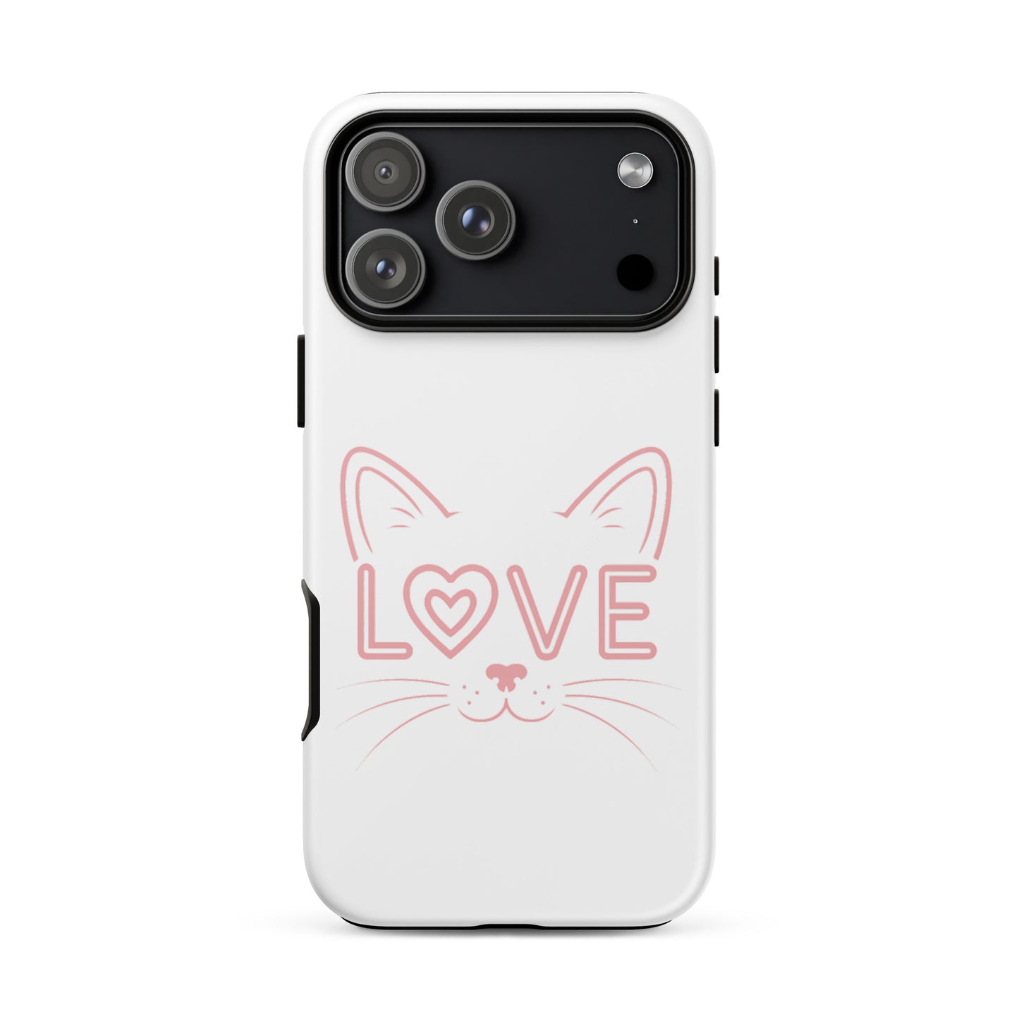 Cat Love phone case for iPhone featuring a minimalist cat face design and the word 'LOVE' for feline enthusiasts.