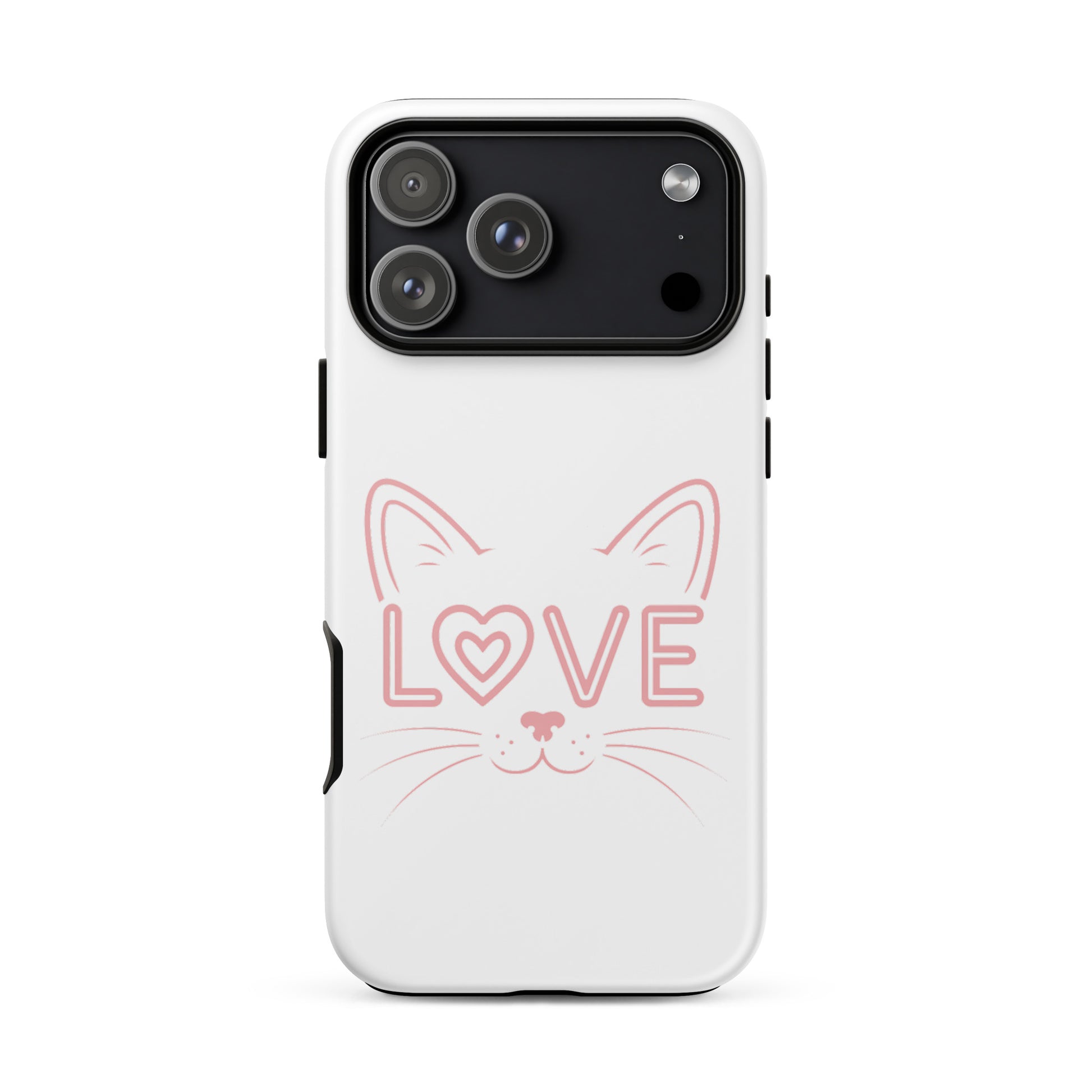 Cat Love phone case for iPhone featuring a minimalist cat face design and the word 'LOVE' for feline enthusiasts.