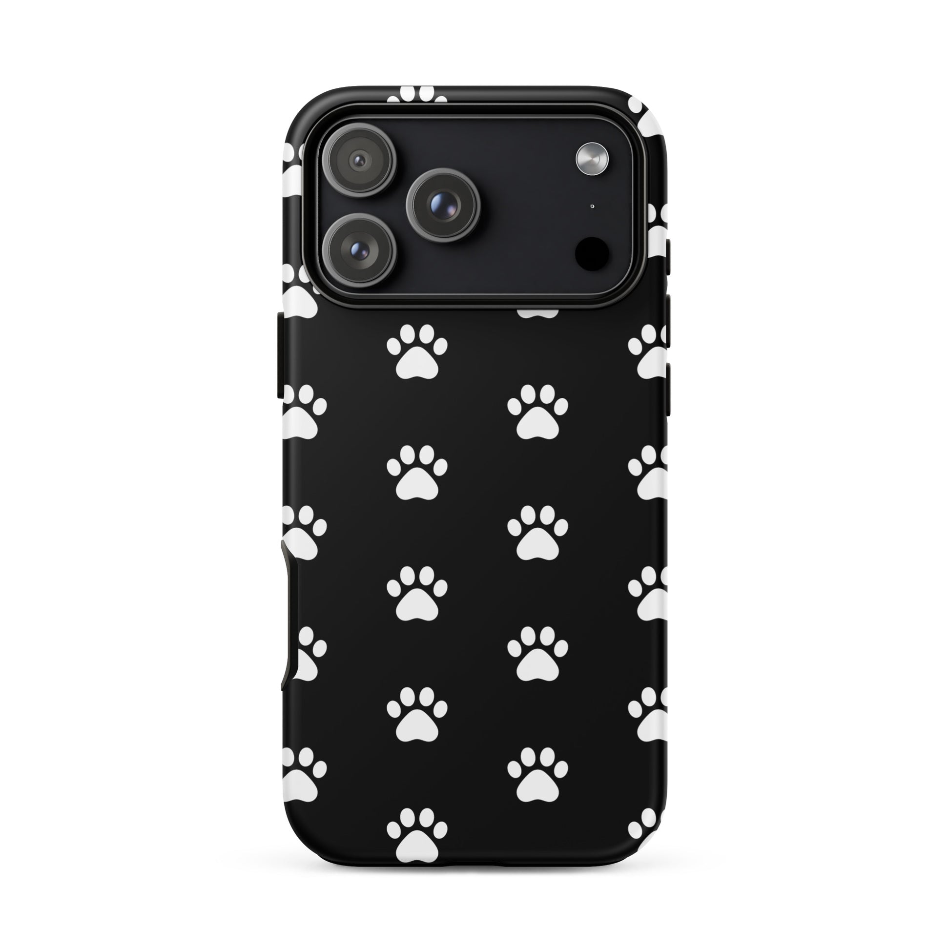 Phone Case for iPhone featuring stylish white paw print design on a black background for pet lovers.