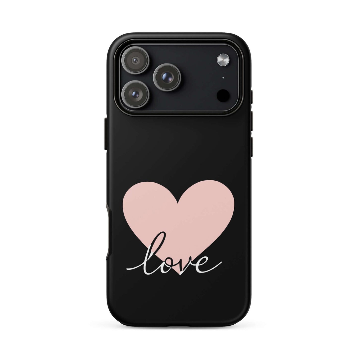Phone Case for iPhone featuring a pink heart and cursive love design on a sleek black background.