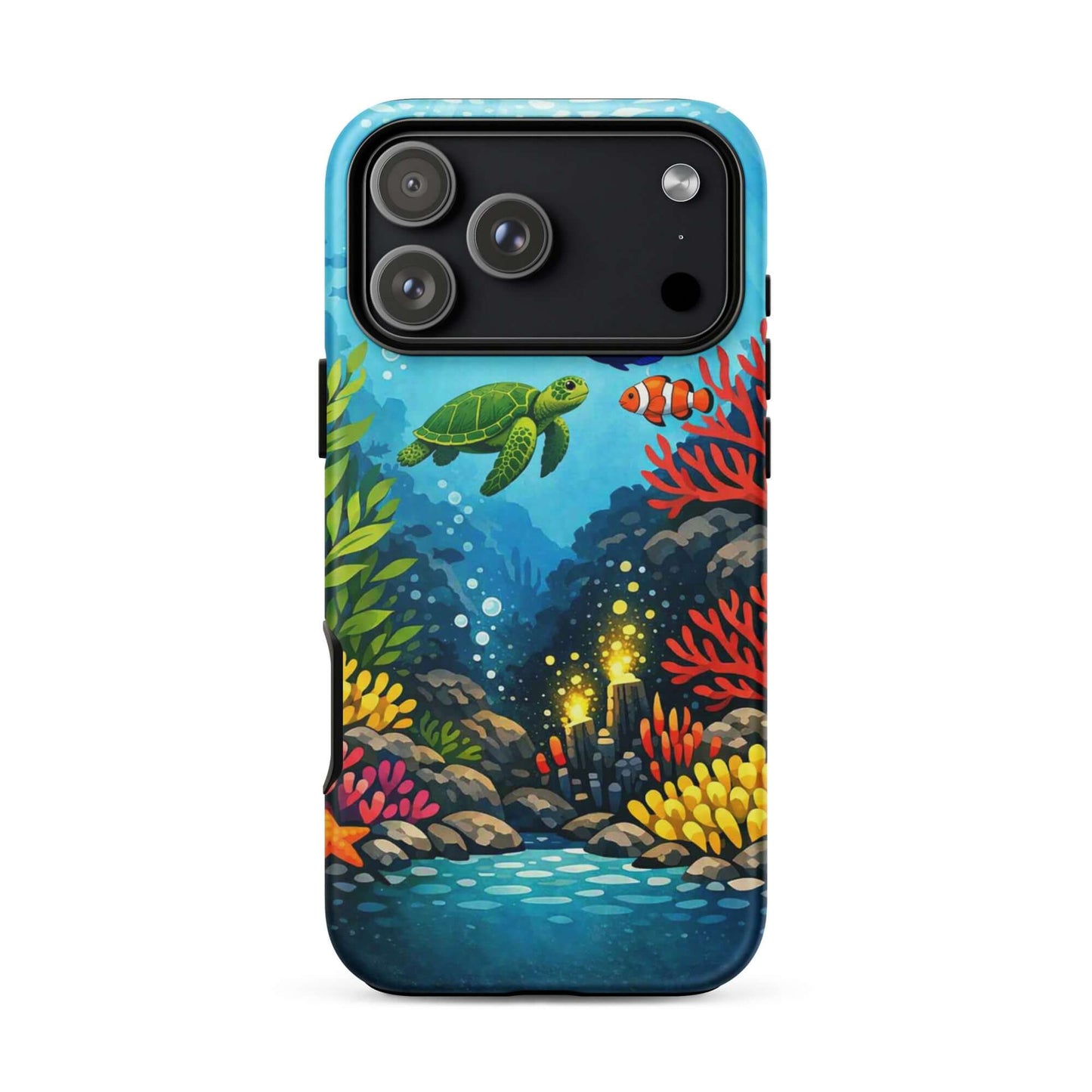 Phone case featuring a vibrant sea turtle and coral reef design, bringing ocean magic to your device.