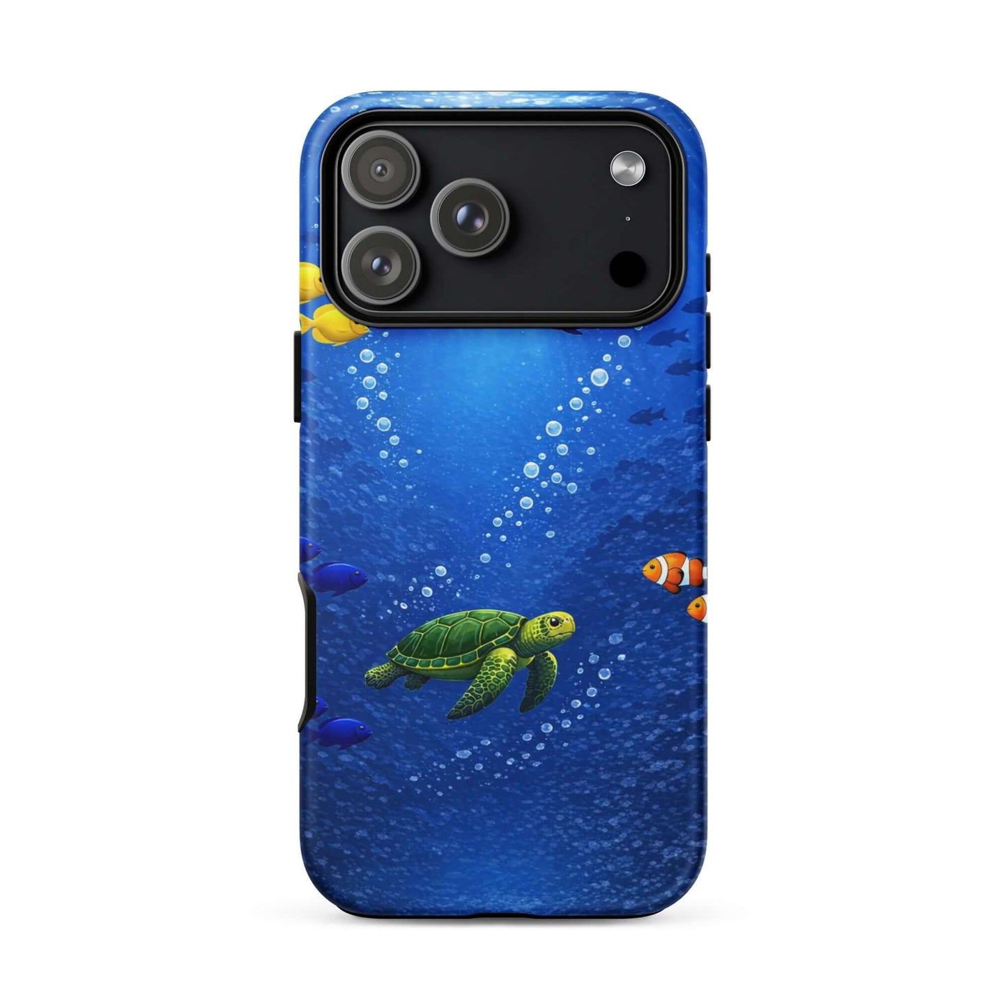 Phone Case featuring a vibrant sea turtle and tropical fish design in deep blue ocean.