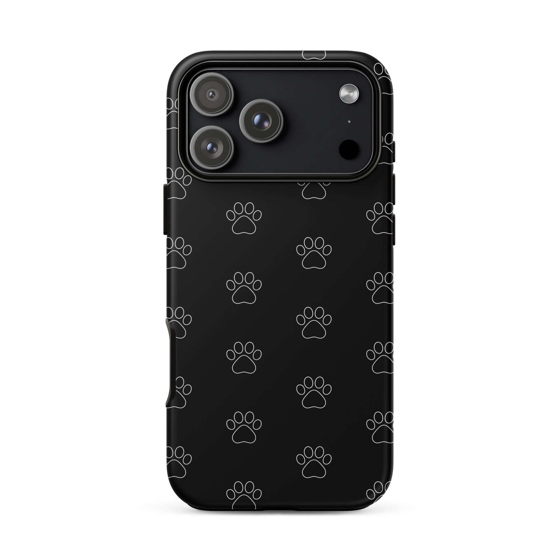 Phone Case for iPhone featuring a playful black paw print pattern, perfect for pet lovers.