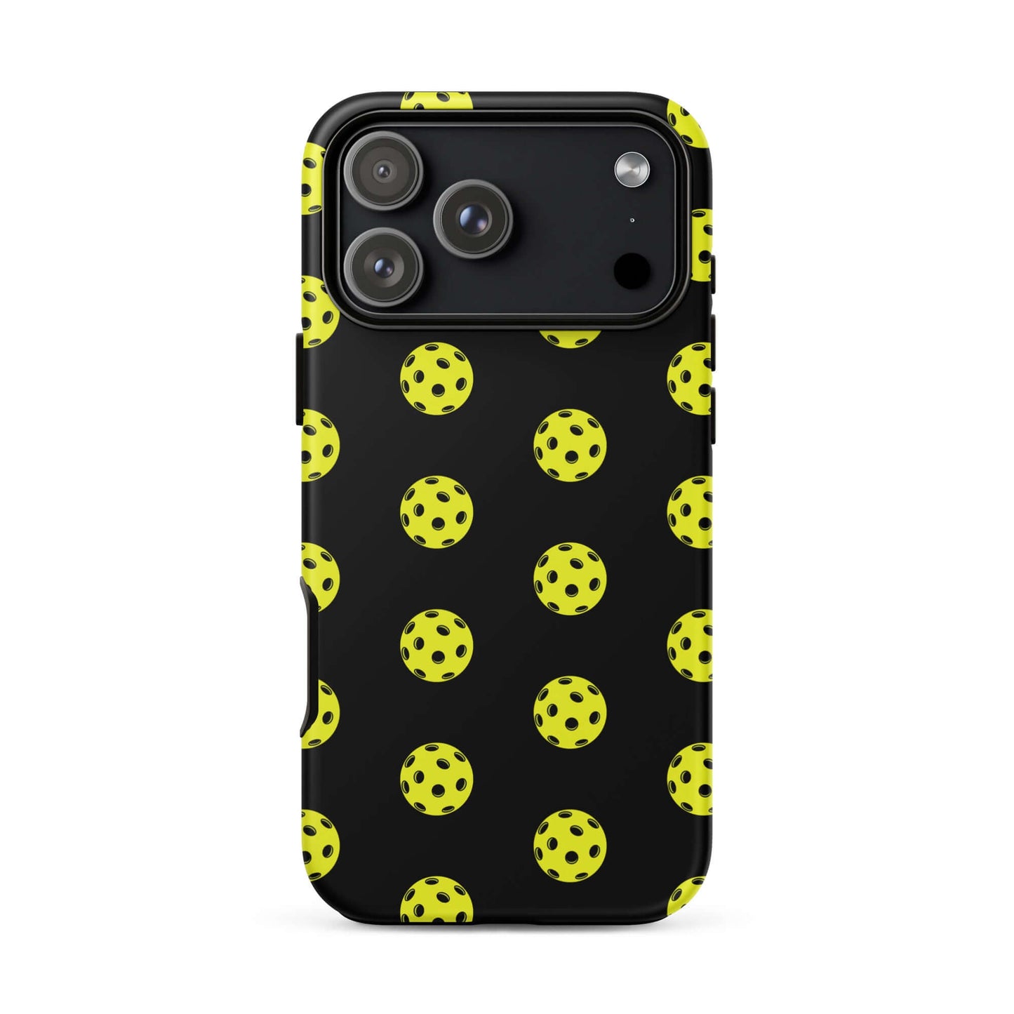 Phone Case featuring a pickleball pattern on a black background, ideal for sports enthusiasts.