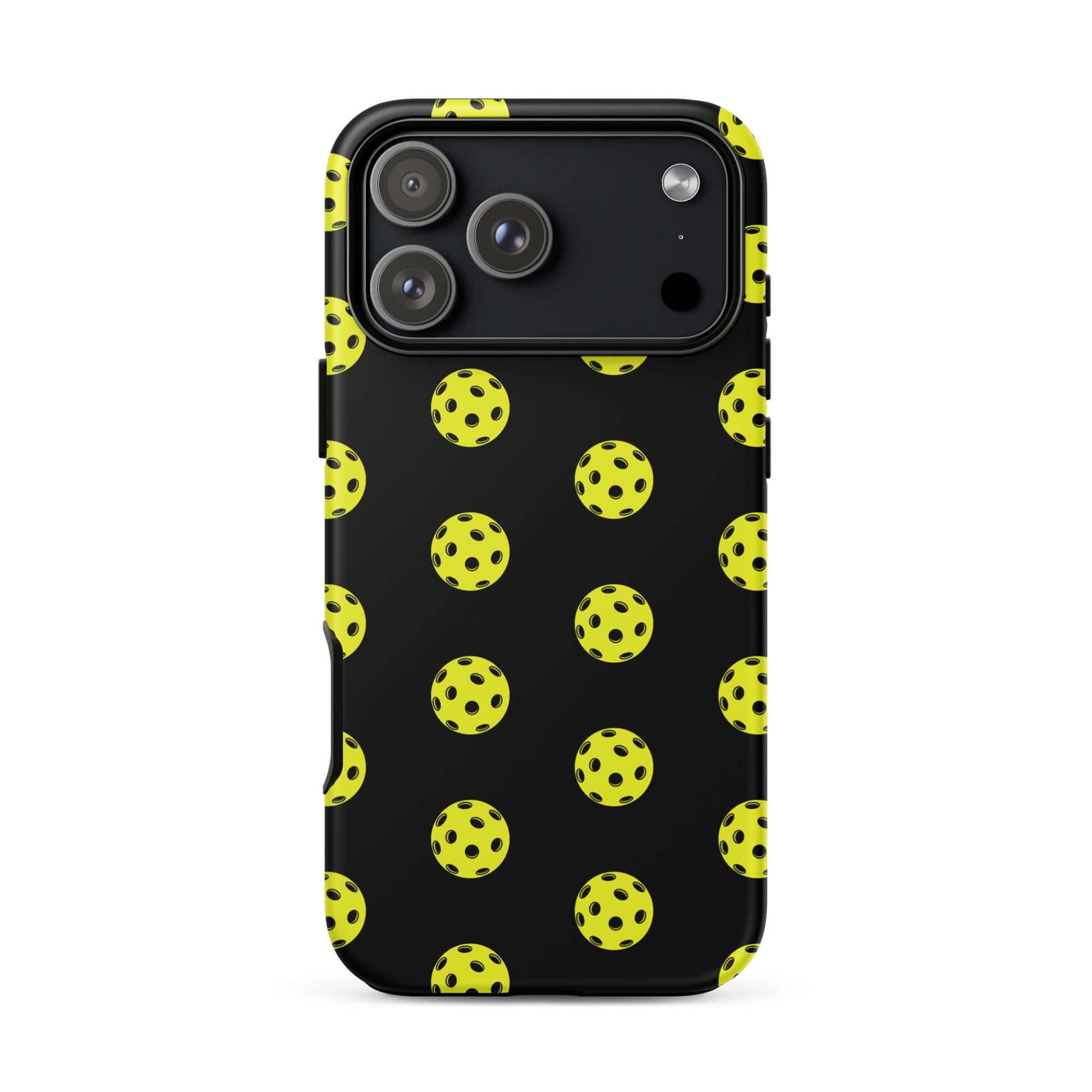 Phone Case featuring a pickleball pattern on a black background, ideal for sports enthusiasts.
