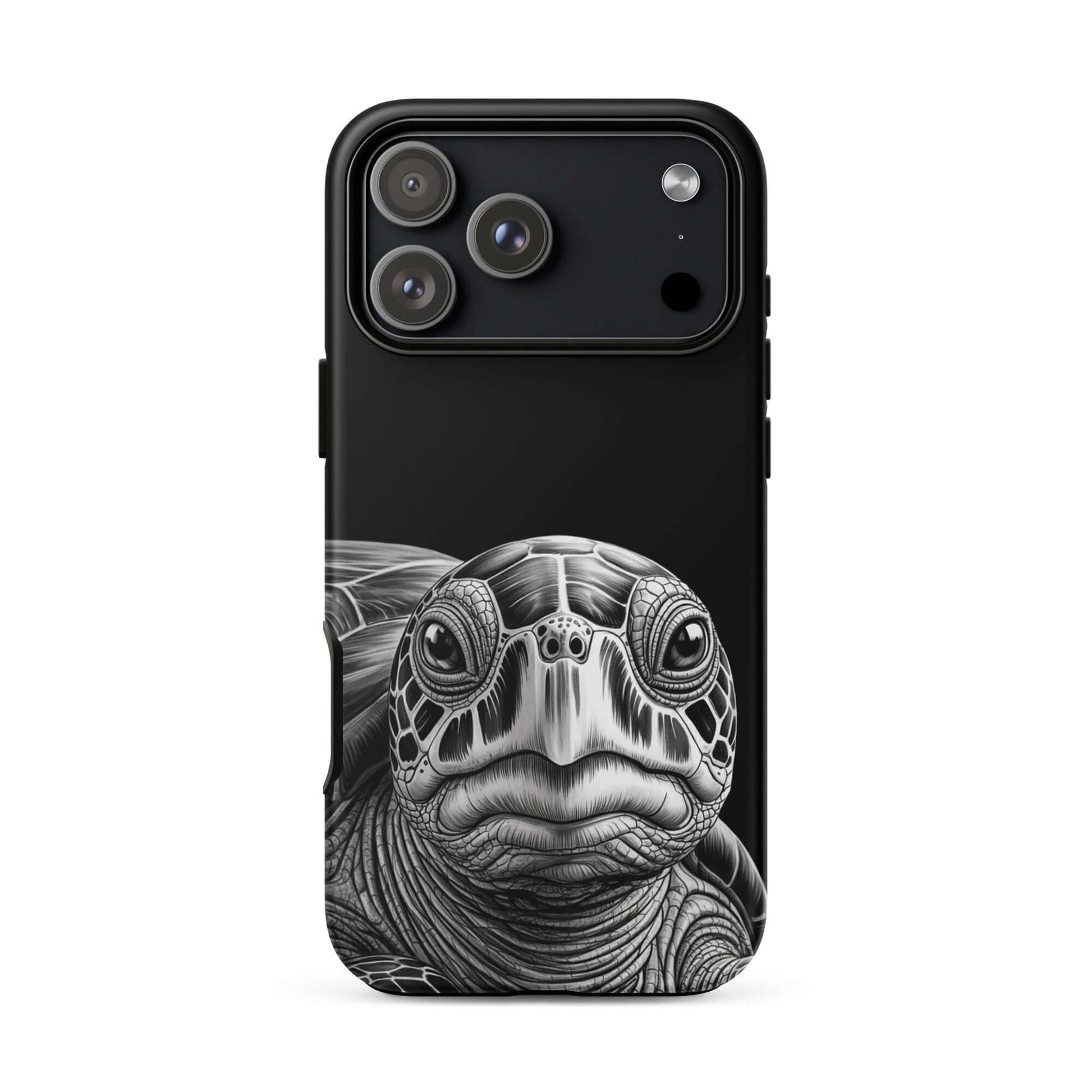Phone Case for iPhone with ancient sea turtle art, featuring hyper-realistic black-and-white sketch, luxurious and protective design.