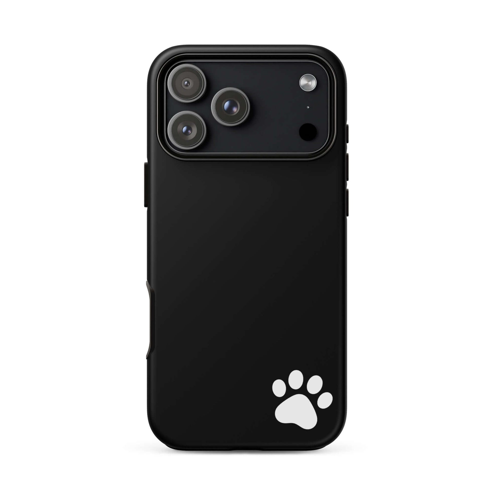 Black Phone Case with white paw print for iPhone, minimalist tough design for animal lovers.