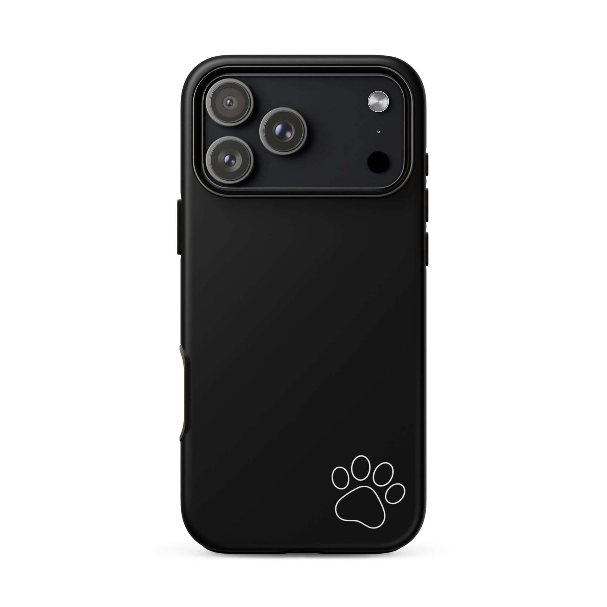 Phone Case for iPhone with white paw print, black minimalistic tough design, perfect for pet lovers seeking style and protection.