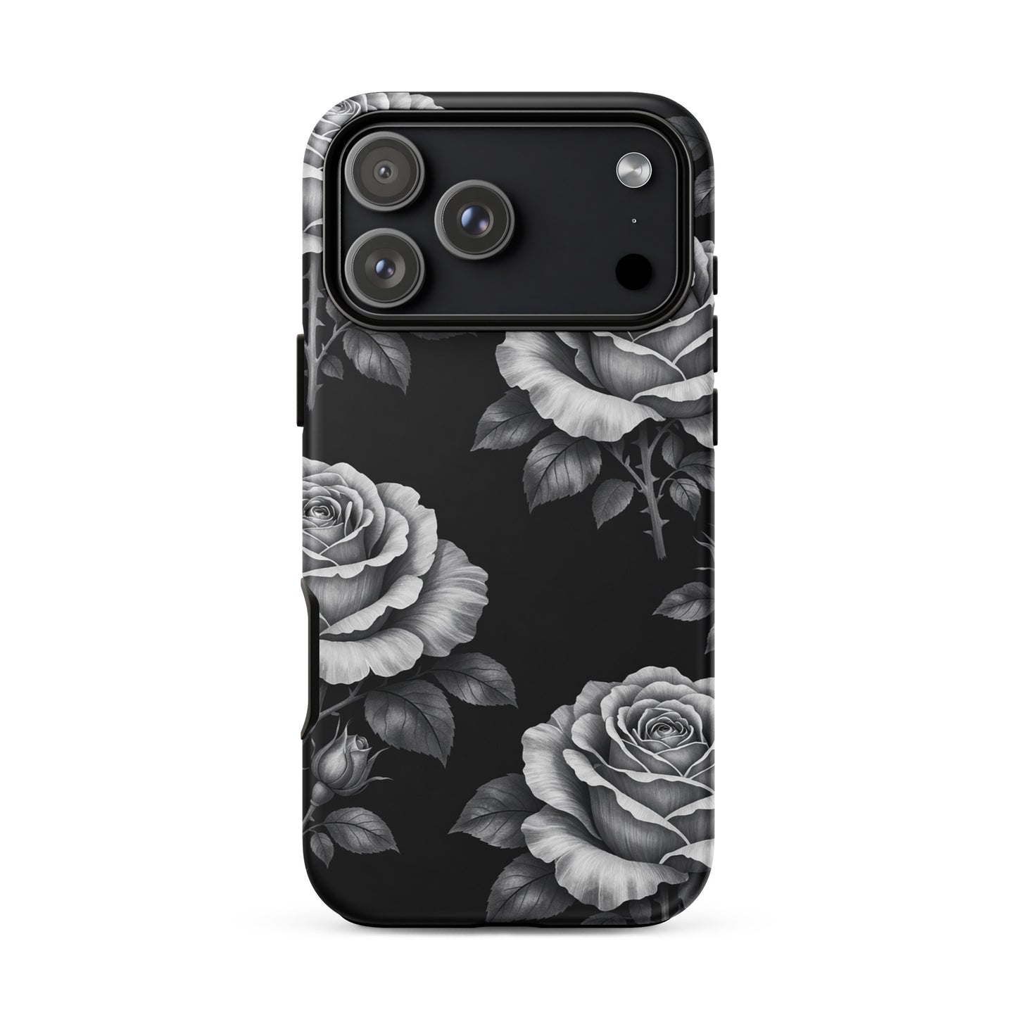 Phone Case for iPhone with rose garden design on black background, featuring hand-sketched floral pattern for elegance and charm.