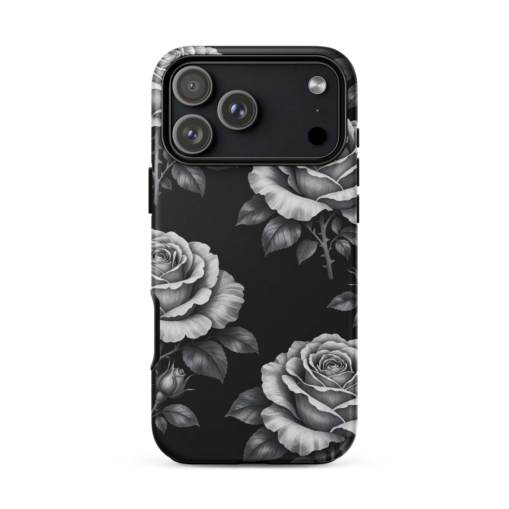 Phone Case for iPhone with rose garden design on black background, featuring hand-sketched floral pattern for elegance and charm.