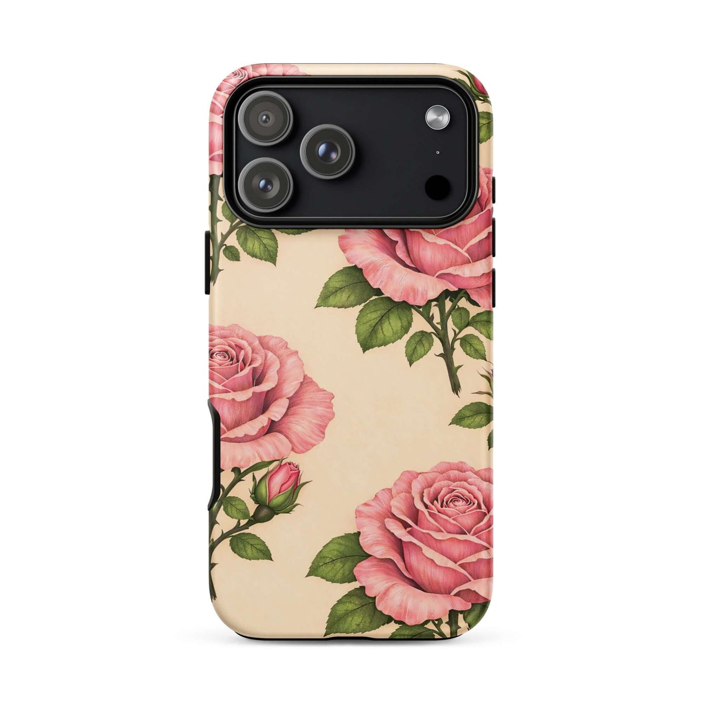 Phone Case with pink rose garden design on a warm cream background for iPhone, showcasing floral elegance and protection.