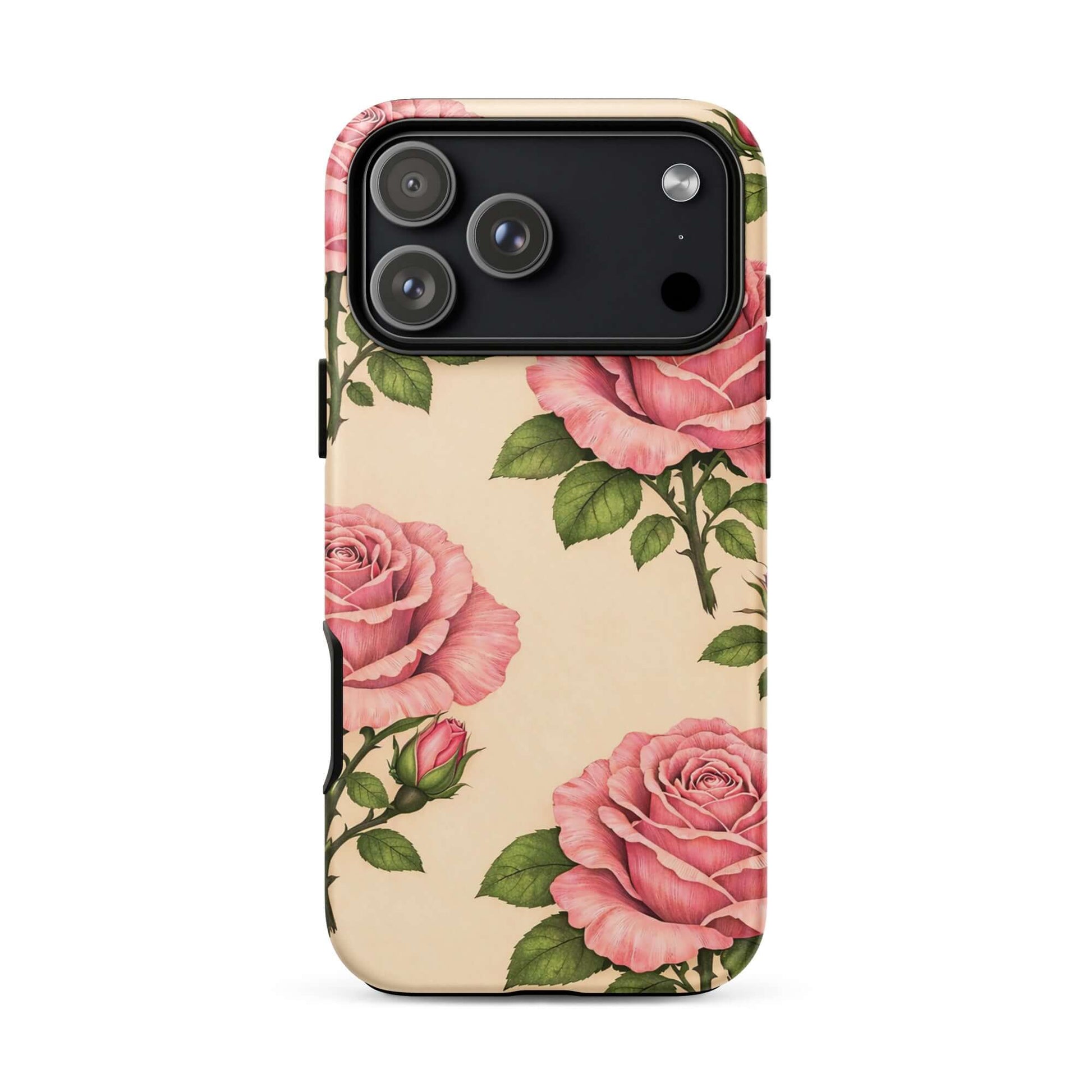 Phone Case with pink rose garden design on a warm cream background for iPhone, showcasing floral elegance and protection.