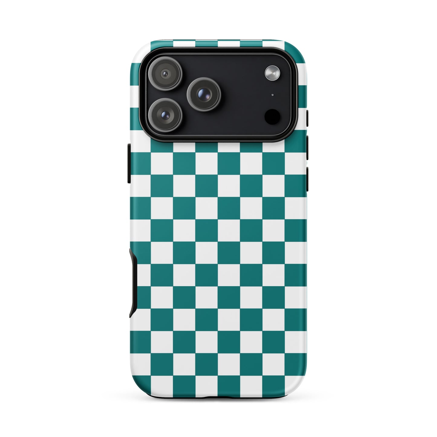 Phone Case with teal and white checkered design for iPhone, playful and stylish accessory, adds personality to your device.