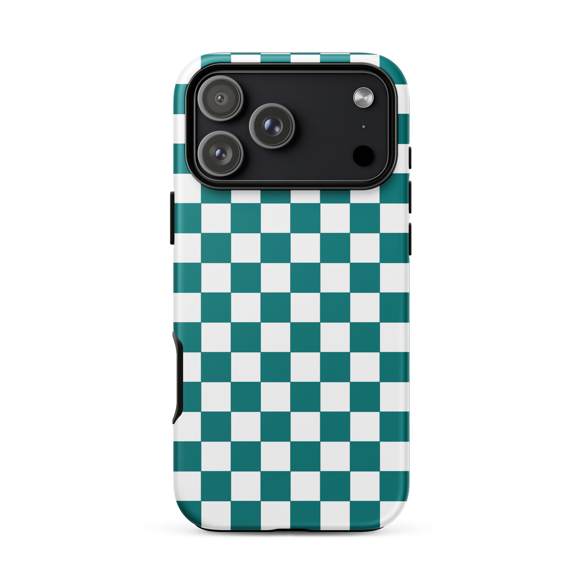 Phone Case with teal and white checkered design for iPhone, playful and stylish accessory, adds personality to your device.