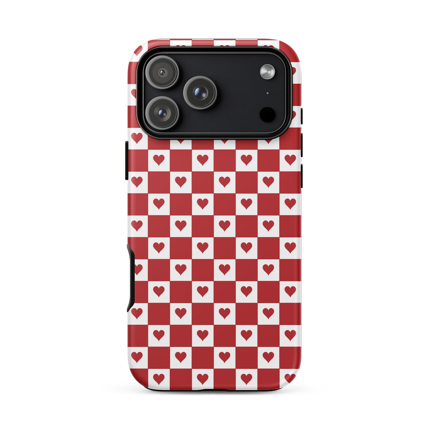 Phone Case for iPhone with cute red heart checkered design, featuring tiny crimson hearts on white squares.
