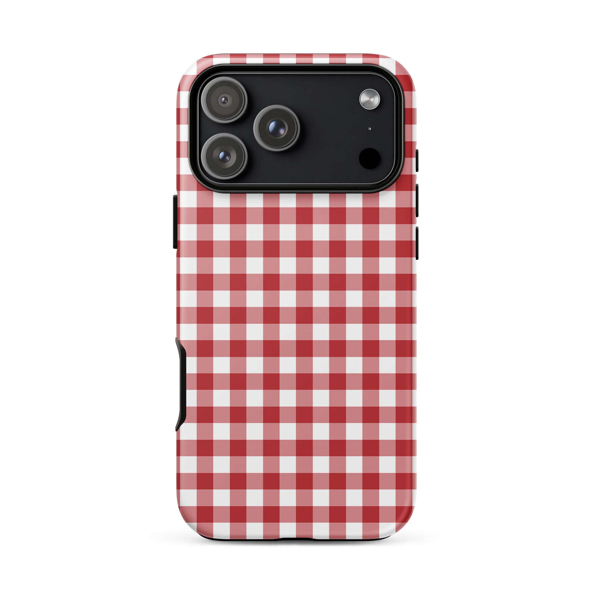 Phone Case with red and white gingham pattern on iPhone, blending style and protection.