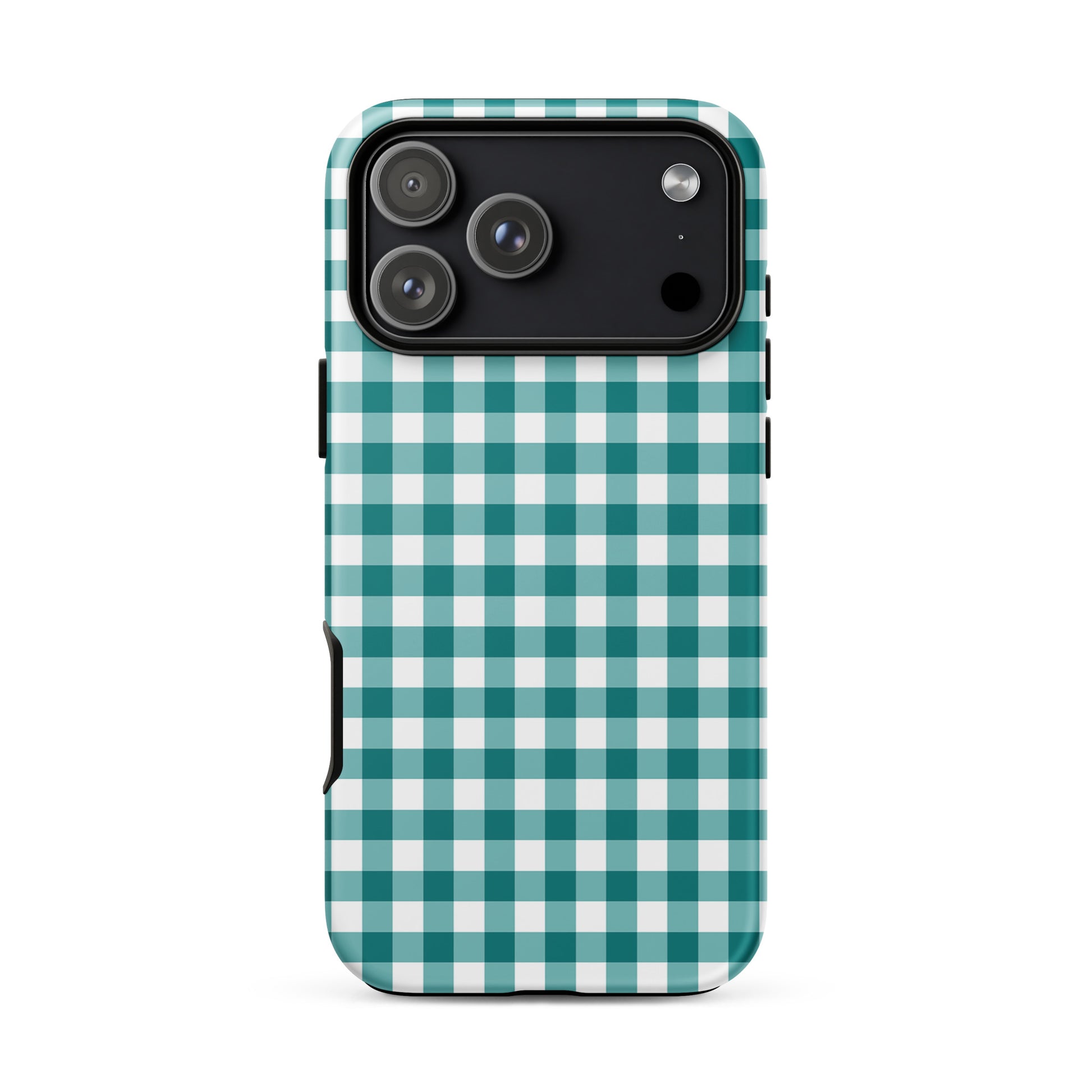 Phone Case with teal and white gingham pattern for iPhone, stylish and durable design