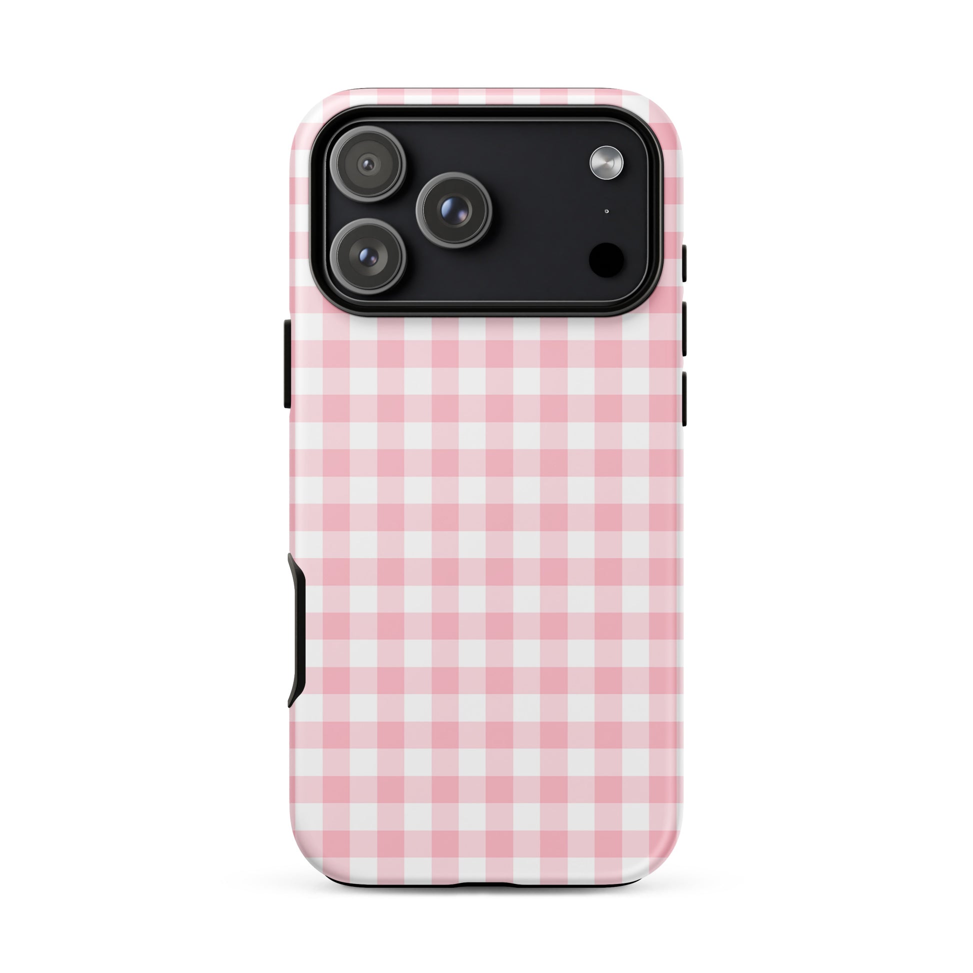 Phone Case for iPhone with pink and white gingham pattern offering stylish protection and upscale craftsmanship.
