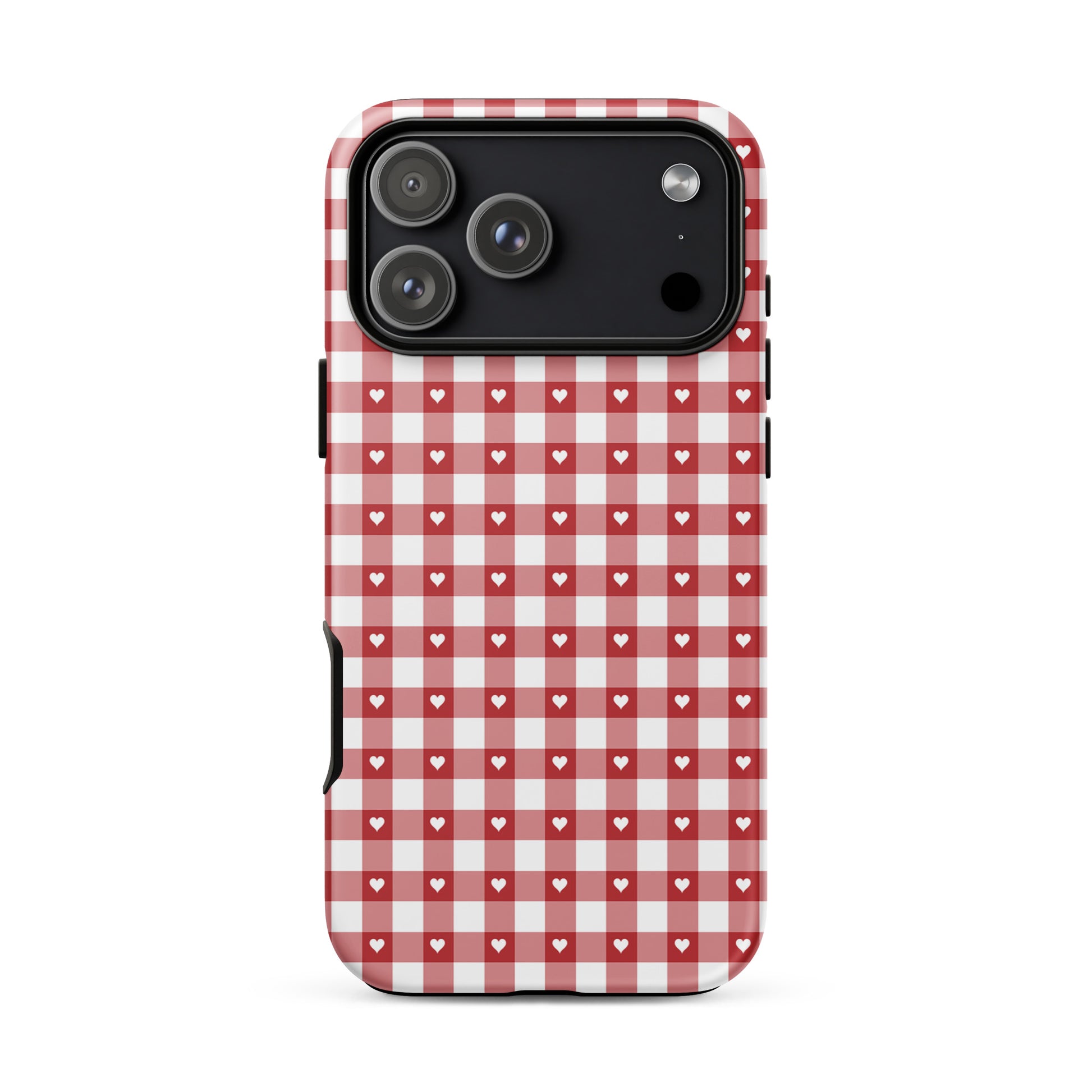 Phone Case for iPhone with red and white gingham pattern and white hearts, blending charm with protection and style.