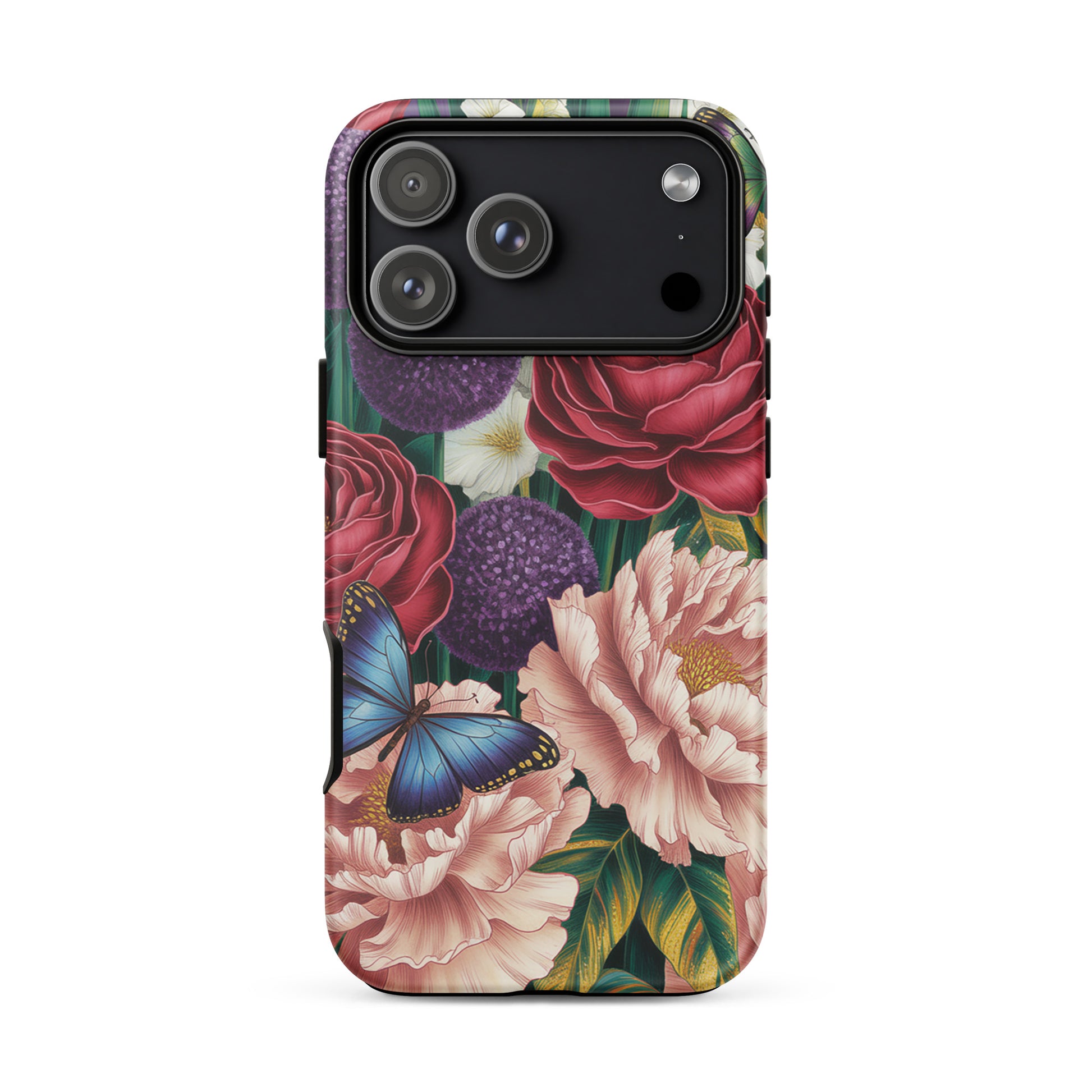 Phone Case featuring crimson roses, pink peonies, purple alliums, and butterflies, perfect for iPhone protection and style.
