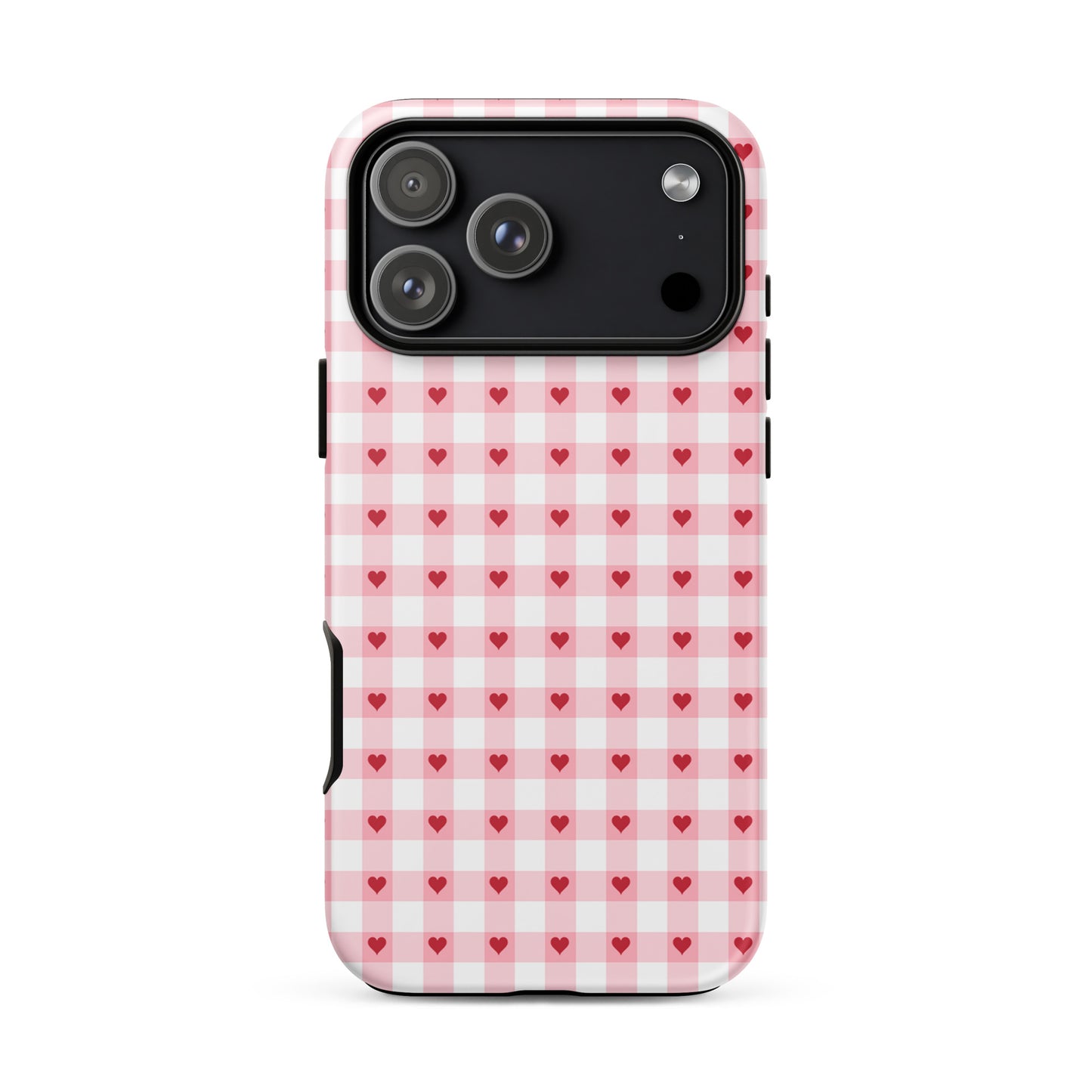 Phone Case with pink-and-white gingham and red heart pattern for iPhone, blending fun and luxury.