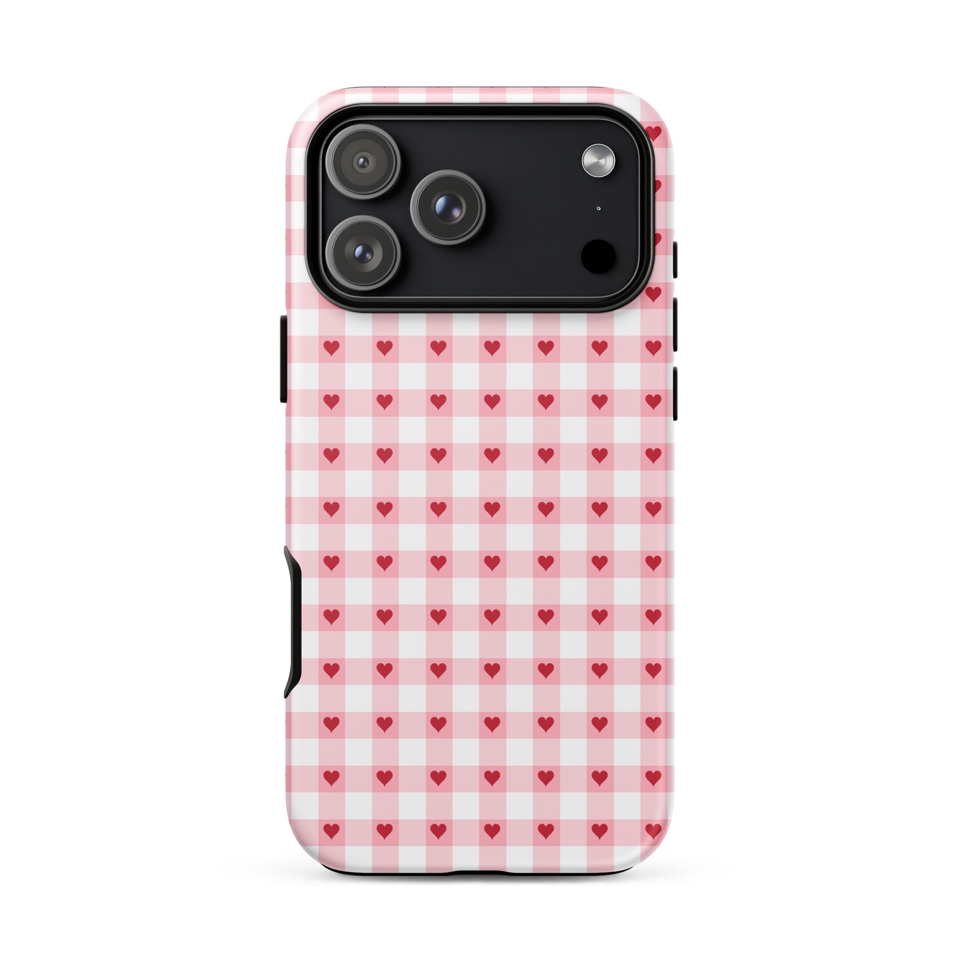 Phone Case with pink-and-white gingham and red heart pattern for iPhone, blending fun and luxury.