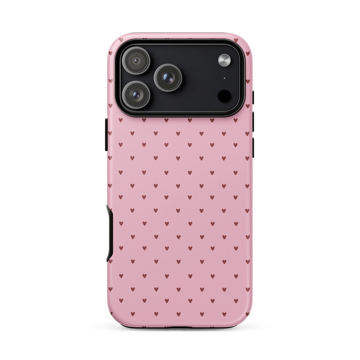 Phone Case for iPhone with heart-dot pattern on pink background, featuring cute minimalist design.
