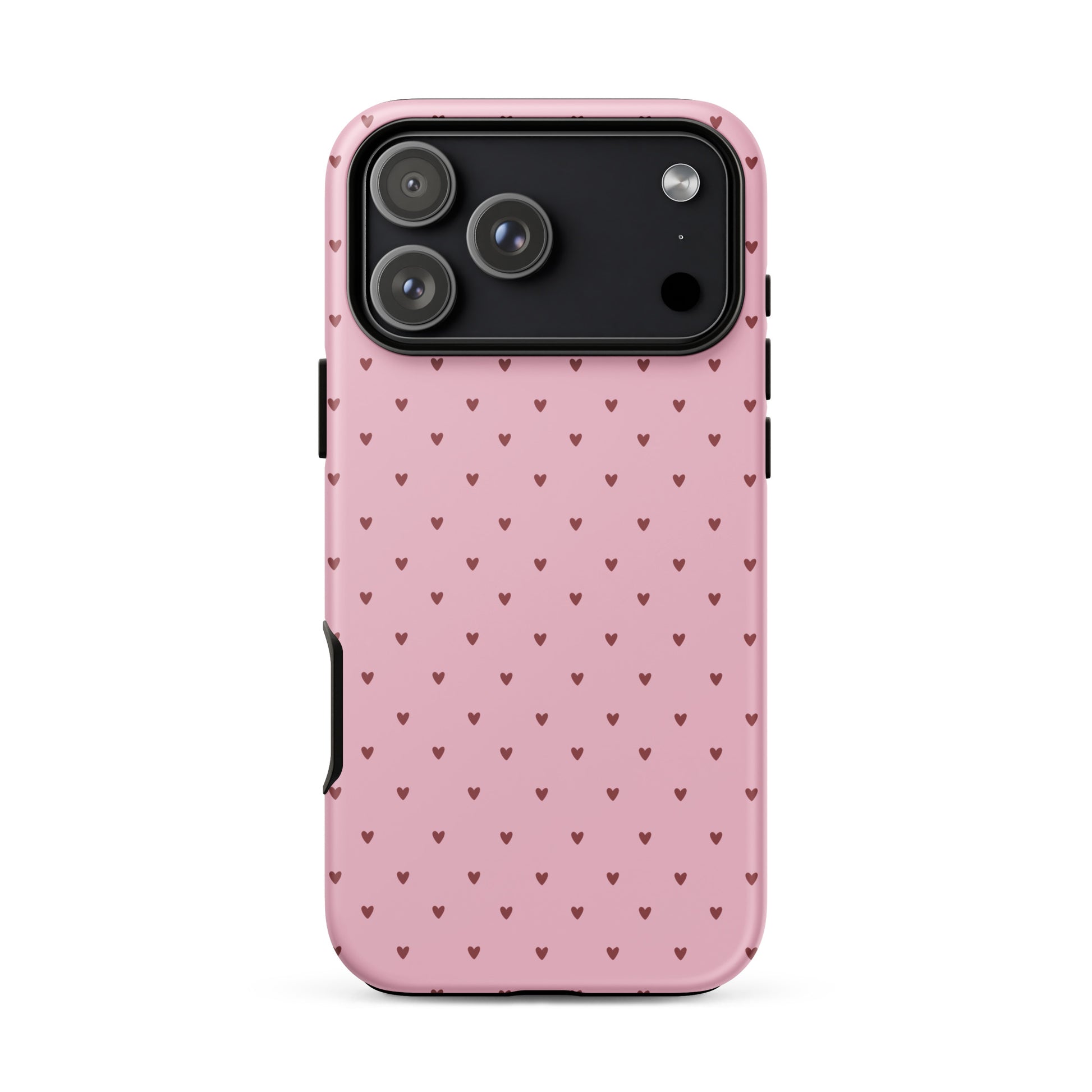 Phone Case for iPhone with heart-dot pattern on pink background, featuring cute minimalist design.