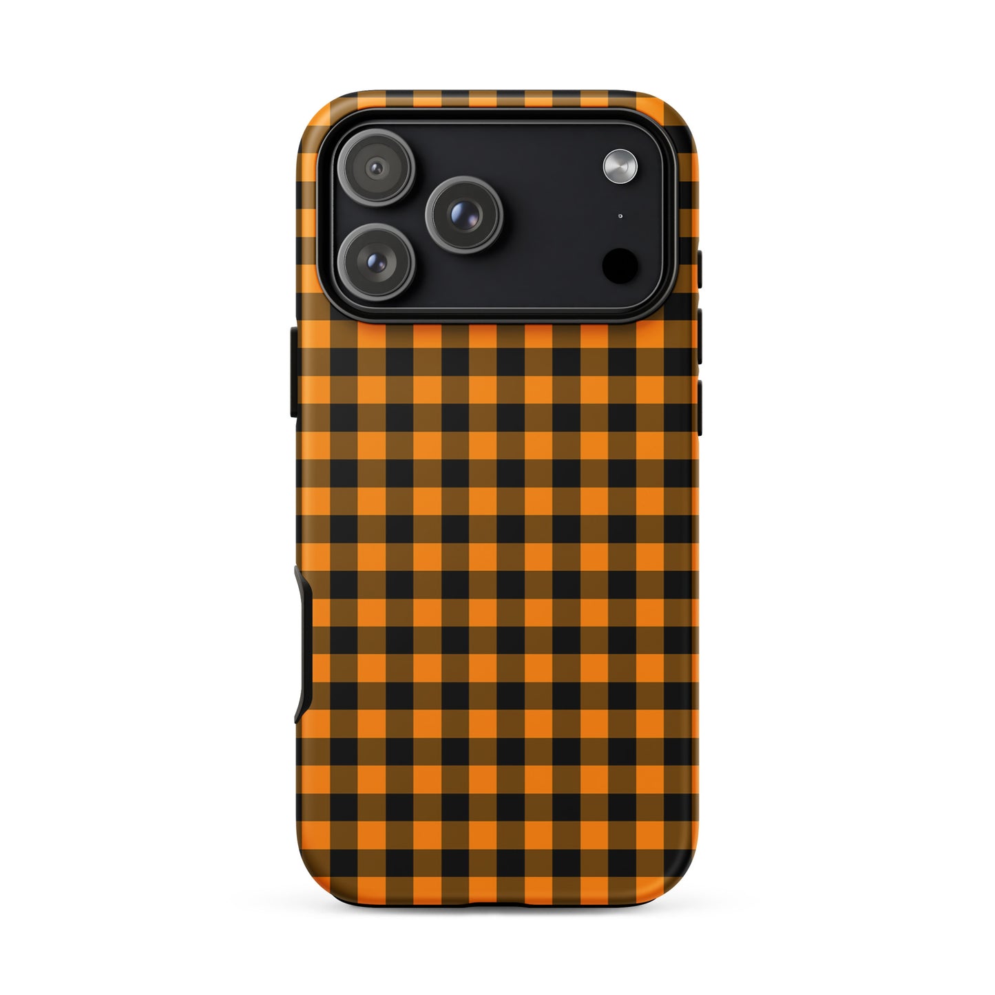 Black-and-orange gingham autumn theme phone case for iPhone, stylish accessory with durable design perfect for fall fashion.