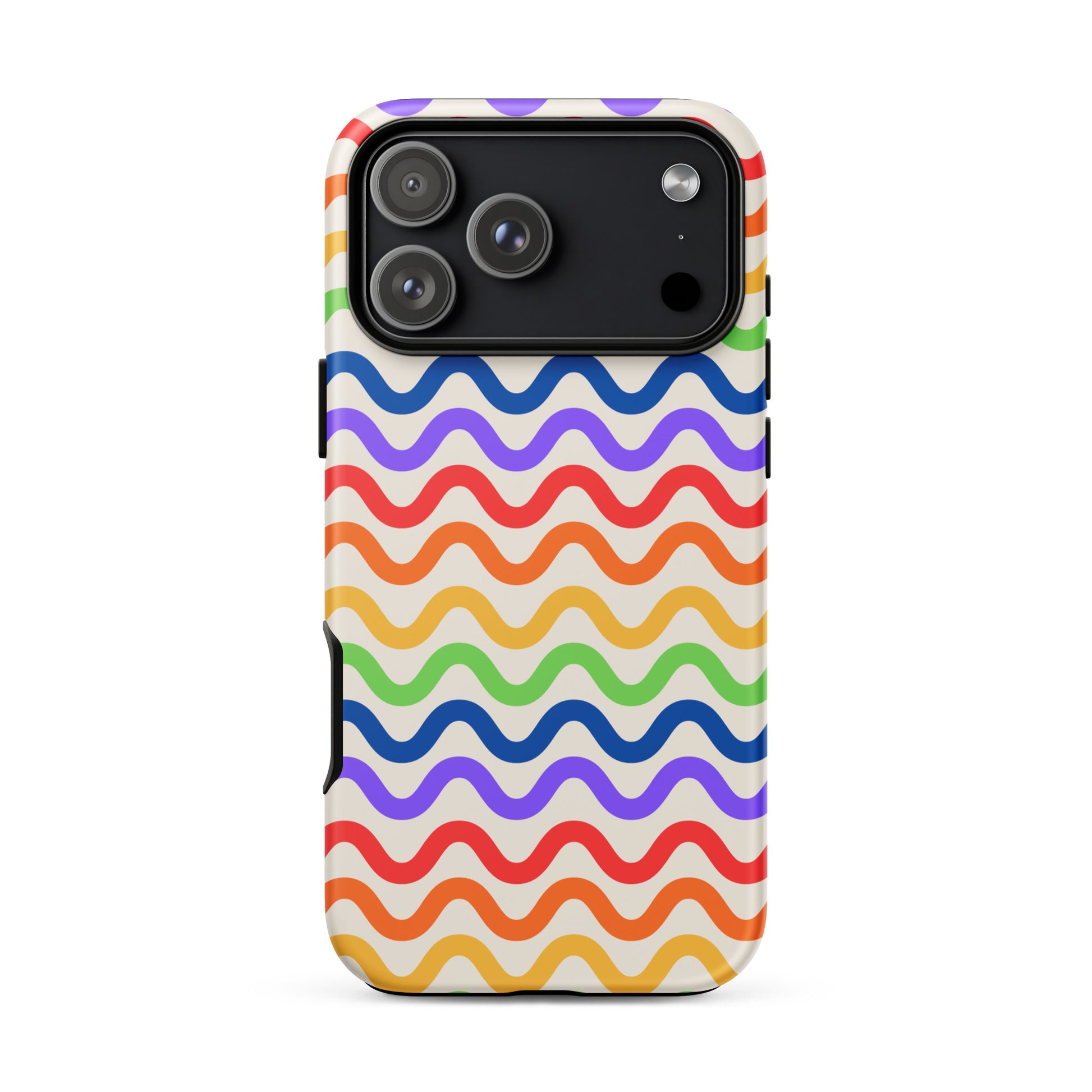 Phone Case with wavy rainbow pattern for iPhone offering playful style and protection with purple, red, orange, yellow, green, blue waves.