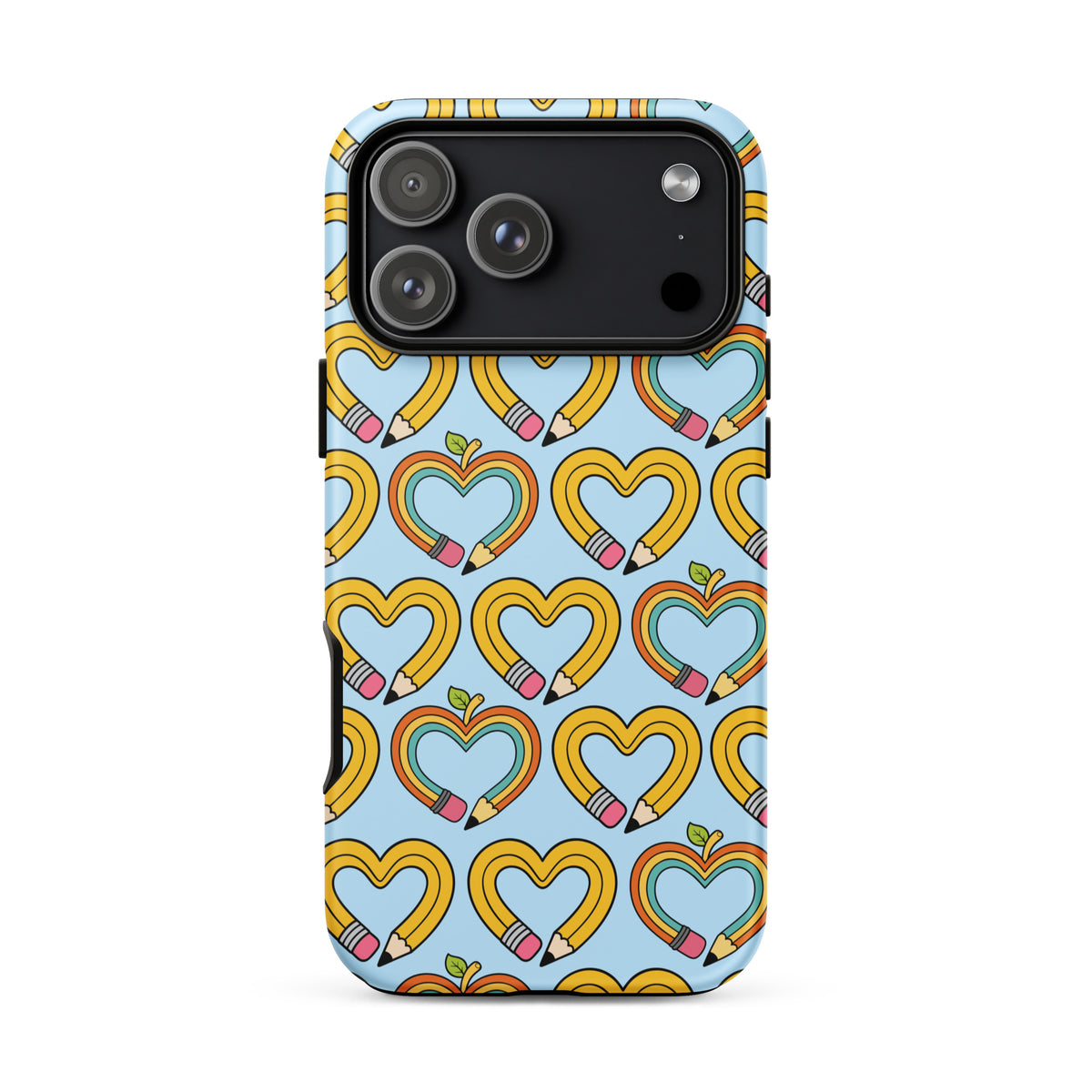 Phone Case with playful pencil-heart pattern on blue background, symbolizing creativity and growth, ideal for back-to-school charm.