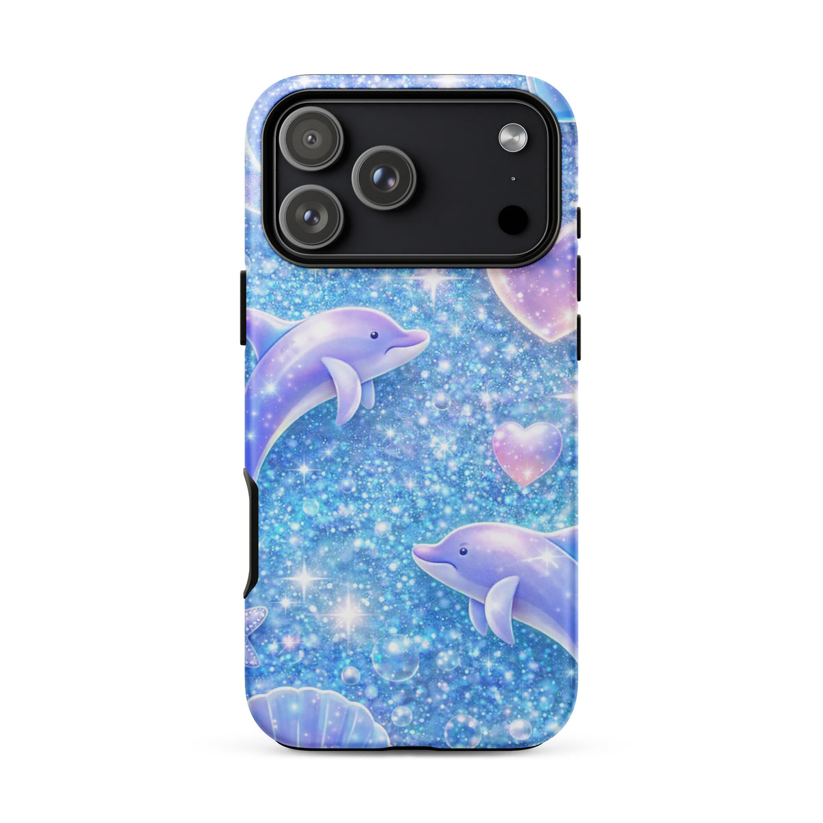 Phone Case for iPhone with ocean glitter, dolphins, moons, and shells design