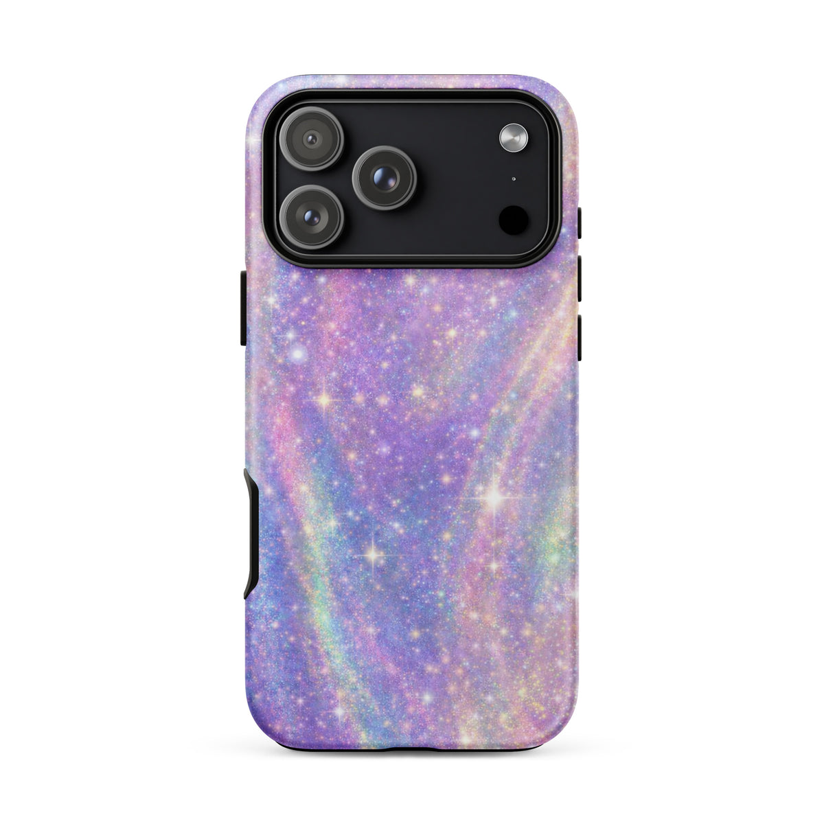 Phone Case for iPhone with cosmic dream swirl design in pastel purples and golden sparkles, back view.