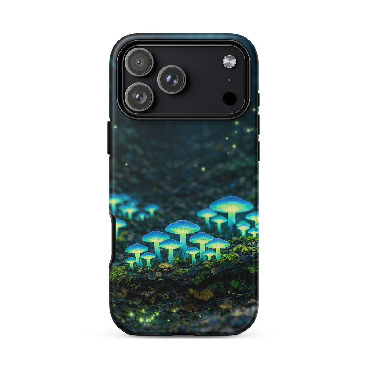 Phone Case featuring glowing forest mushrooms with ethereal blue-green glow for iPhone, showcasing bioluminescent woodland design.